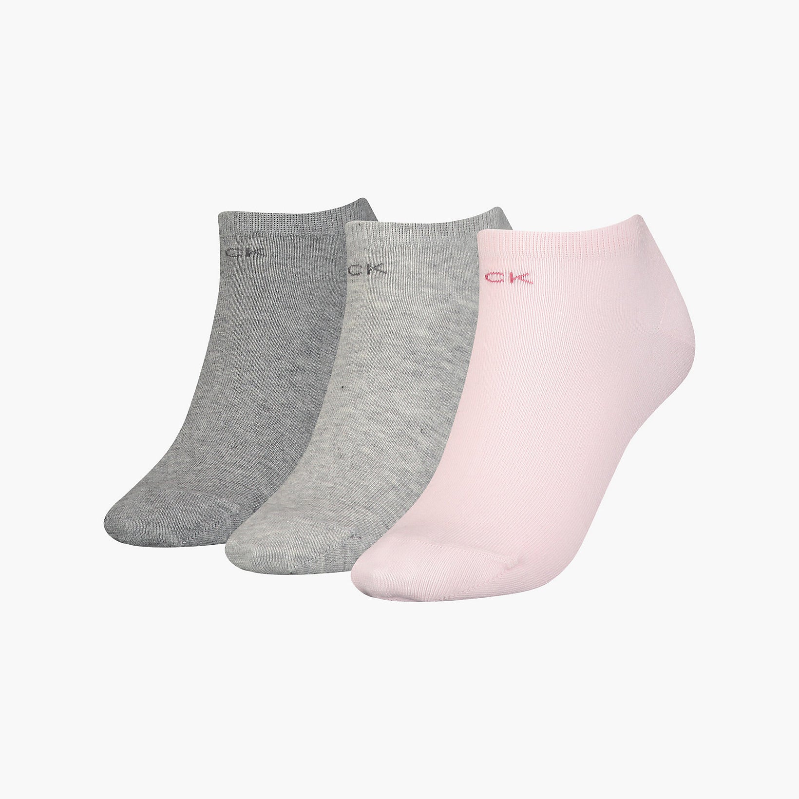 Calvin Klein 3 Pack Womens Ankle Trainer Socks Pink Combo side view showing grey and pink socks, perfect for sports.