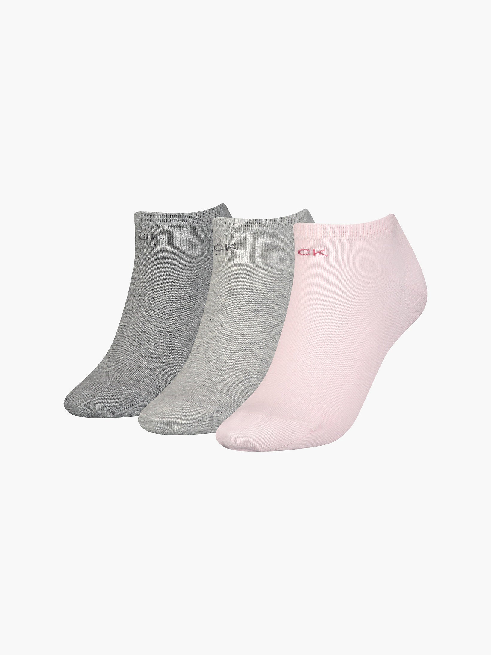 Calvin Klein 3 Pack Womens Ankle Trainer Socks Pink Combo side view showing grey and pink socks, perfect for sports.