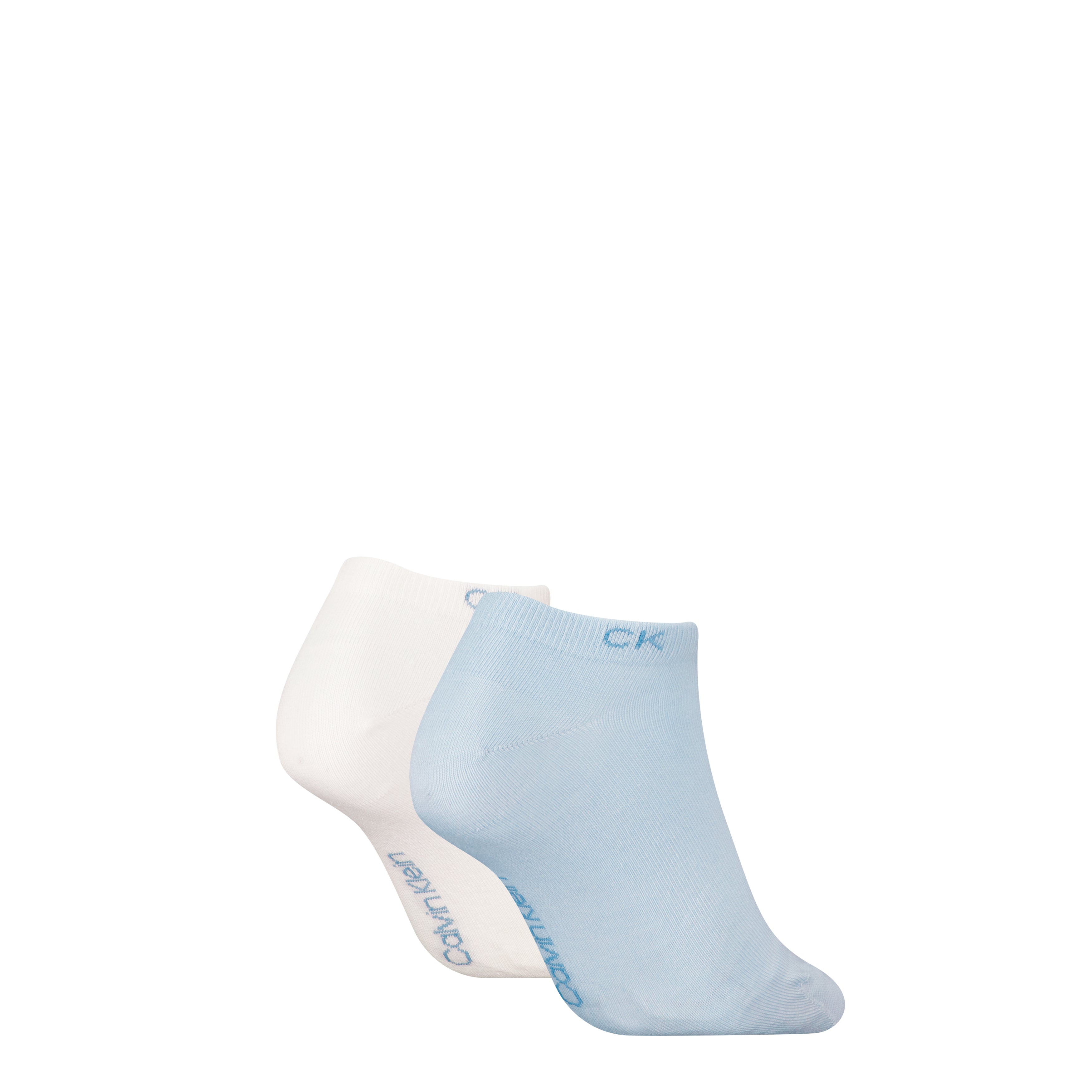 Calvin Klein 2 Pack Womens Ankle Trainer Socks Blue Combo side view showing light blue and white socks with CK logo.