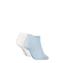 Calvin Klein 2 Pack Womens Ankle Trainer Socks Blue Combo side view showing light blue and white socks with CK logo.