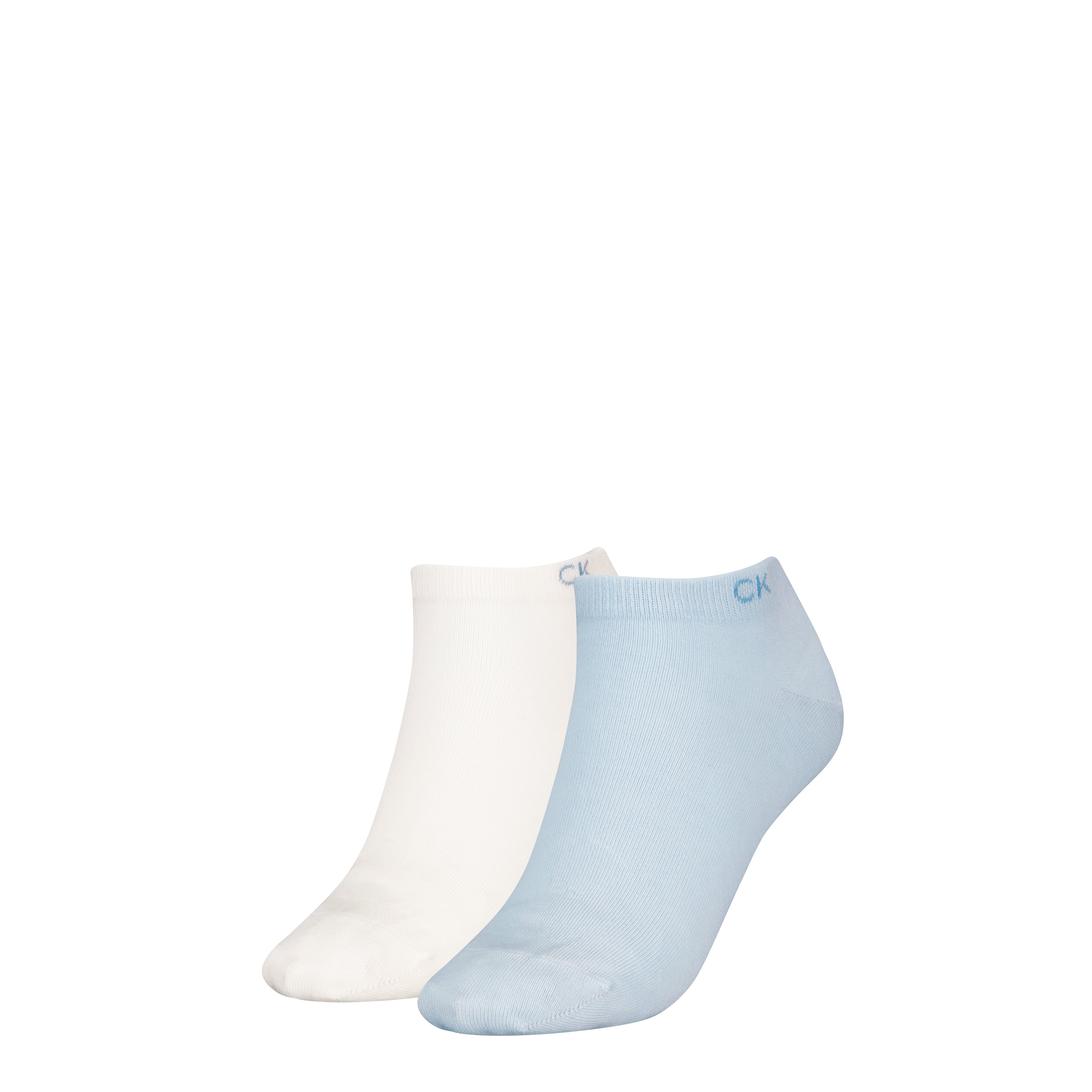 Calvin Klein 2 Pack Womens Ankle Trainer Socks Blue Combo, front view showing blue and white socks.