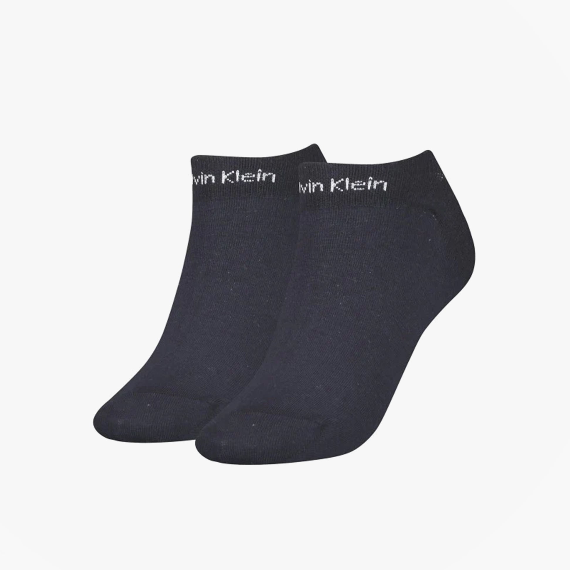 Calvin Klein 2 Pack Womens Ankle Trainer Socks Navy side view displaying two pairs of ankle socks with logo.