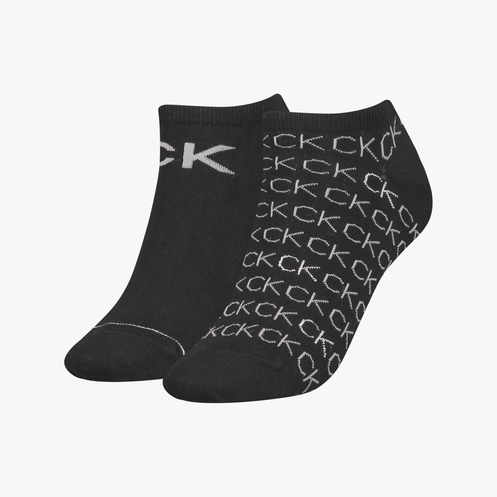 Calvin Klein 2 Pack Womens Logo Print Socks Black side view featuring logo detail and pattern on ankle socks.