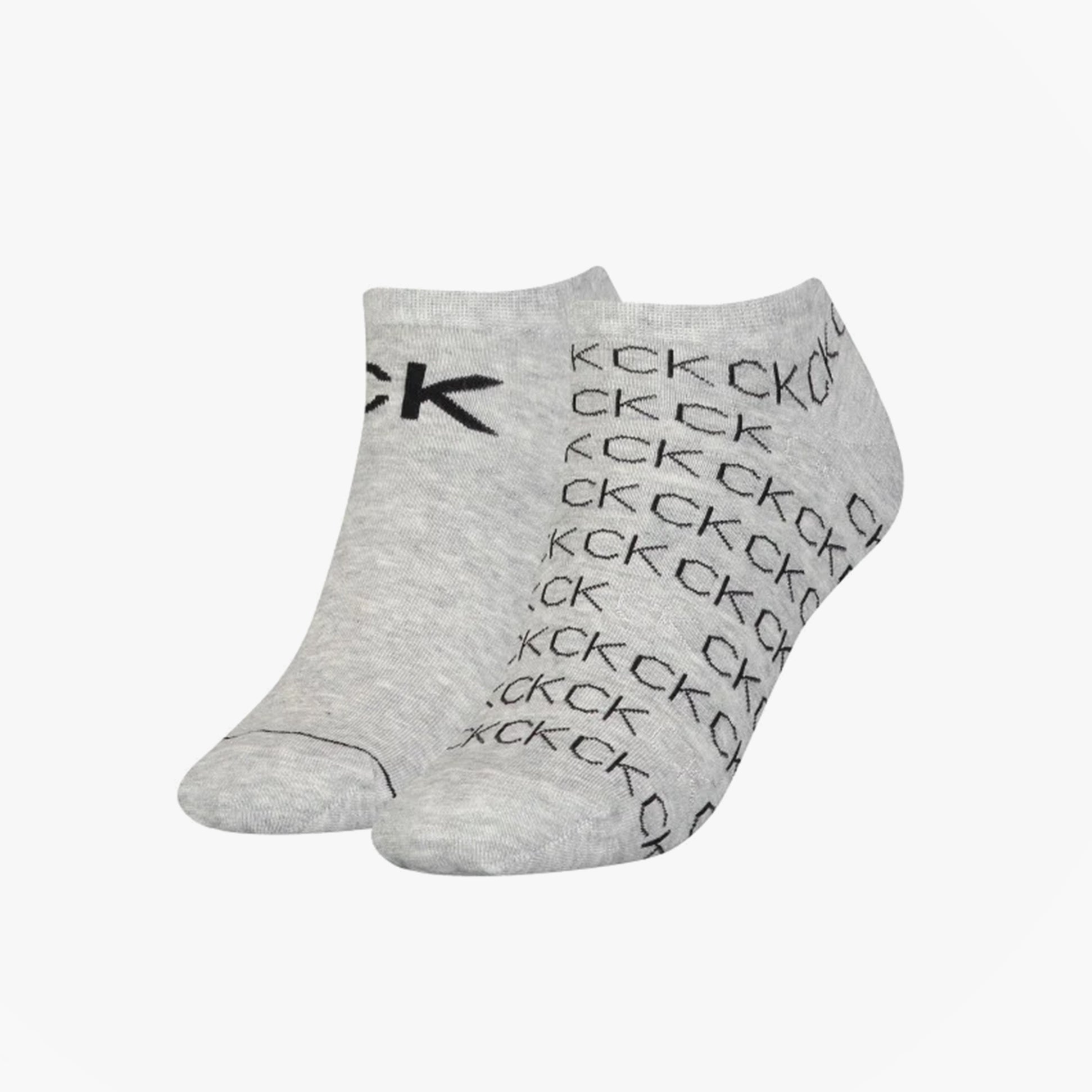 Calvin Klein 2 Pack Womens Logo Print Socks Grey - front view showcasing logo design on ankle socks.