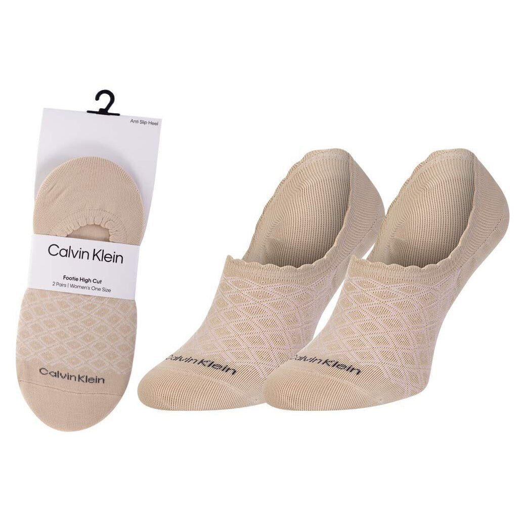 Calvin Klein 2 Pack Womens Invisible Socks Nude, front view showing nude invisible socks with packaging.