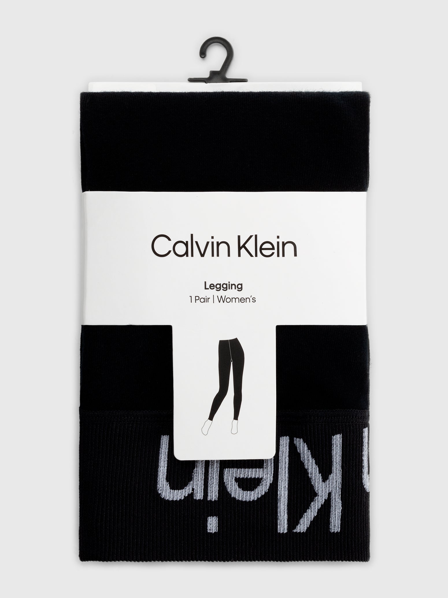 Calvin Klein LOGO Waist Leggings Black packaged view with logo detail on waistband and product description.