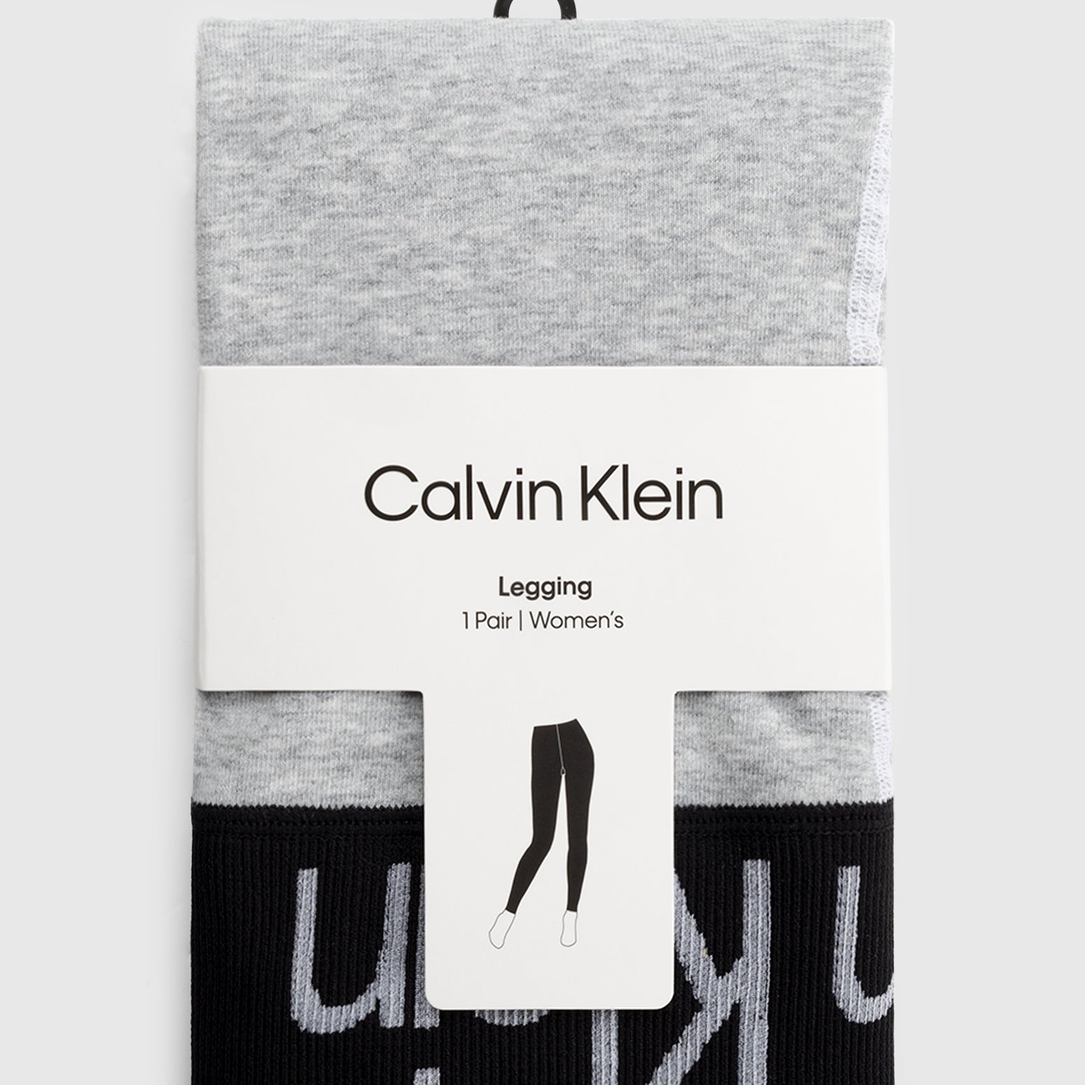 Calvin Klein LOGO Waist Leggings Grey, front view, showing packaging with logo and product details, sleek and stylish design.