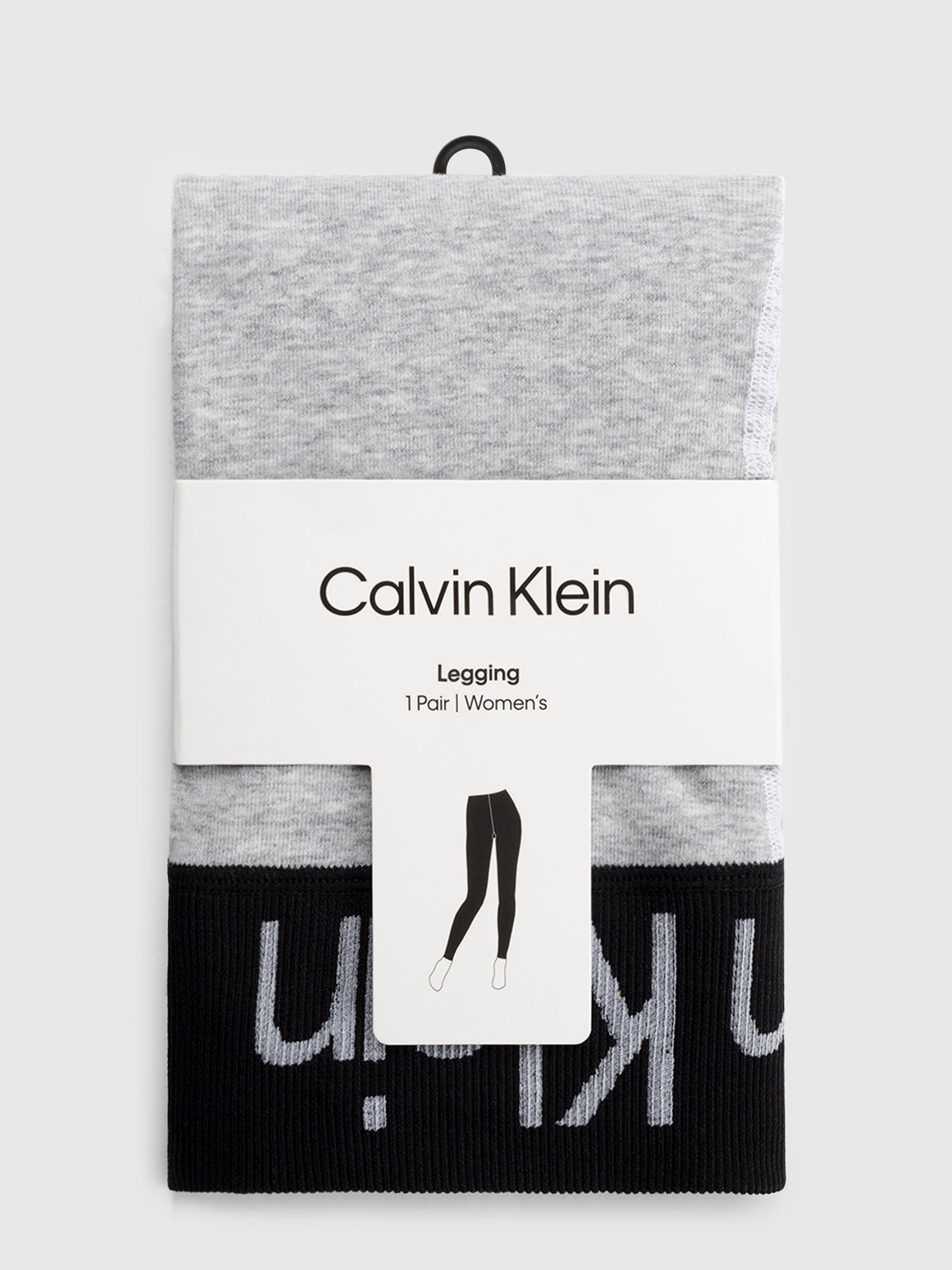 Calvin Klein LOGO Waist Leggings Grey, front view, showing packaging with logo and product details, sleek and stylish design.