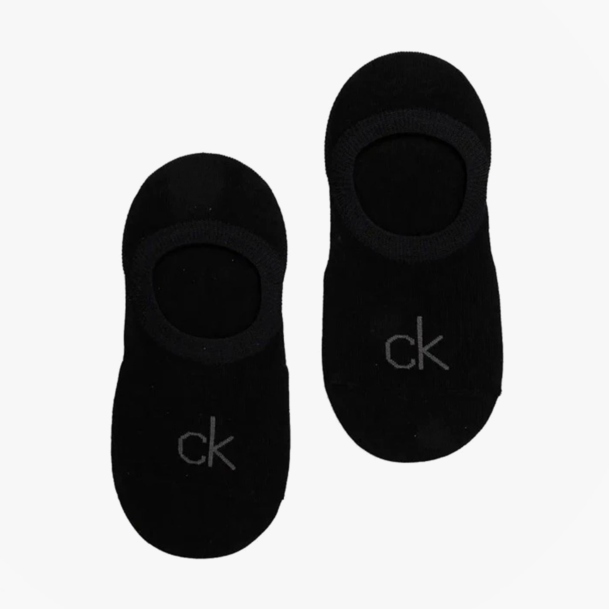Calvin Klein 2 Pack Womens No-Show Footie Socks Black top view displaying both socks with reinforced heel and toe.