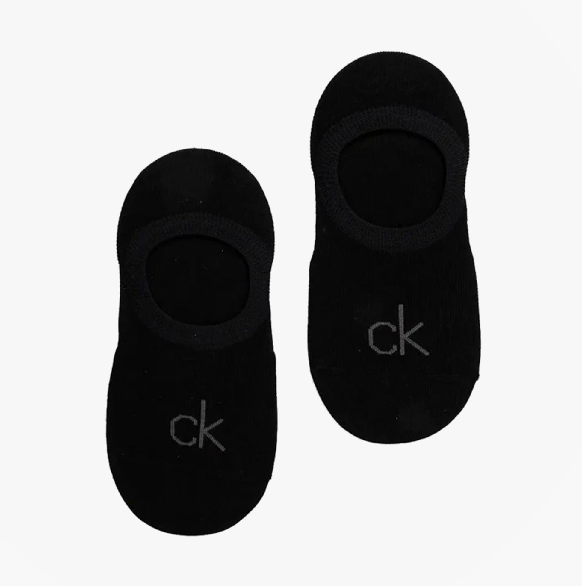 Calvin Klein 2 Pack Womens No-Show Footie Socks Black top view displaying both socks with reinforced heel and toe.