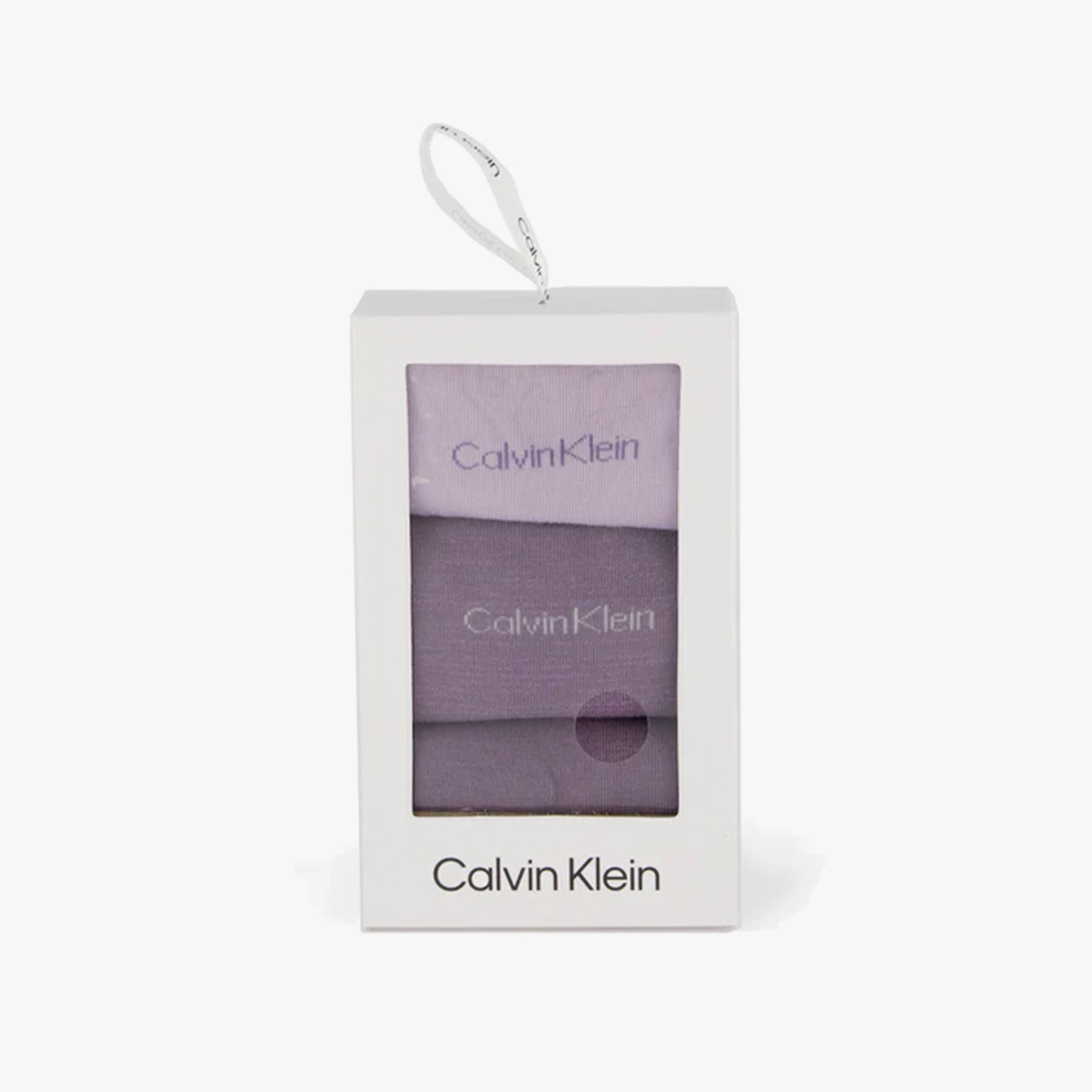 Calvin Klein 3 Pack Giftboxed Womens Crew Socks Lilac front view in gift box showcasing socks.