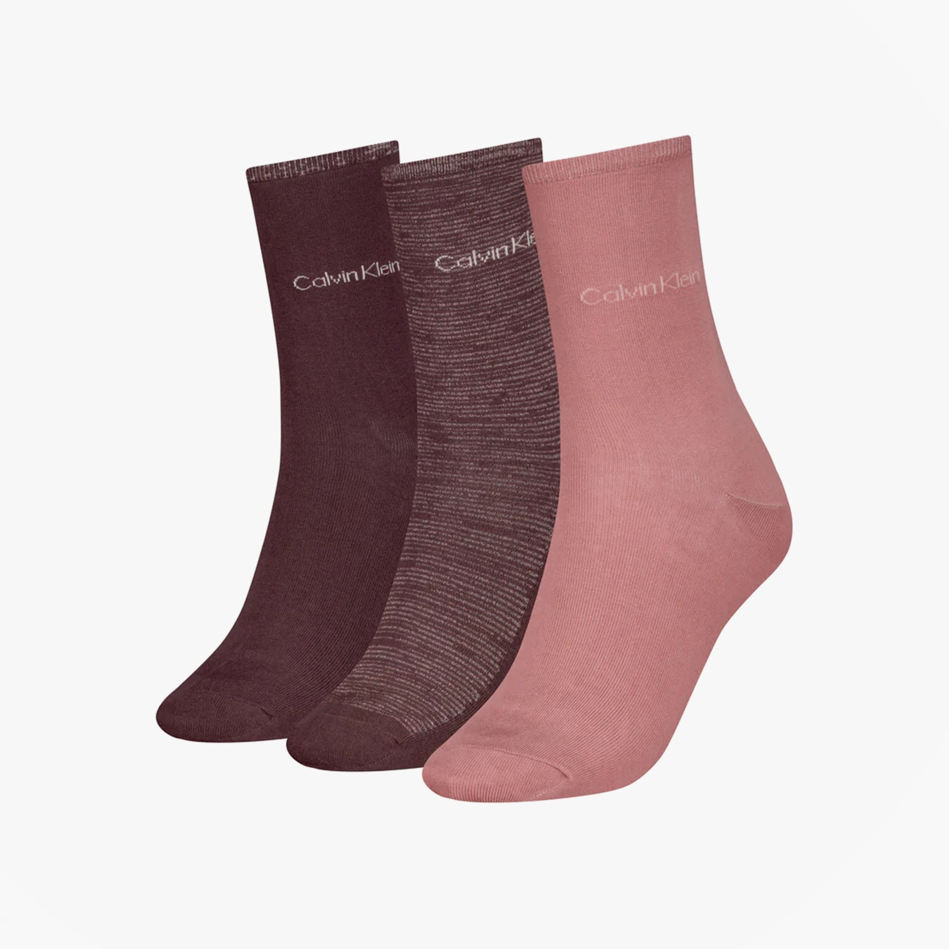 Calvin Klein 3 Pack Giftboxed Womens Crew Socks Burgundy featuring side view of burgundy and pink socks.