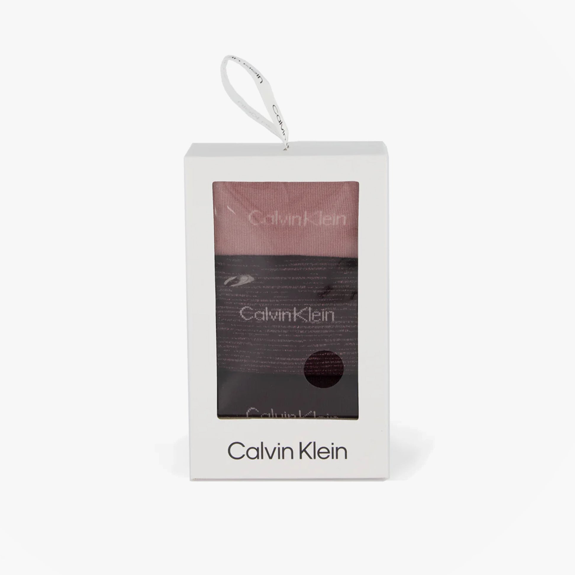 Calvin Klein 3 Pack Giftboxed Womens Crew Socks Burgundy, front view of the gift box with socks visible.