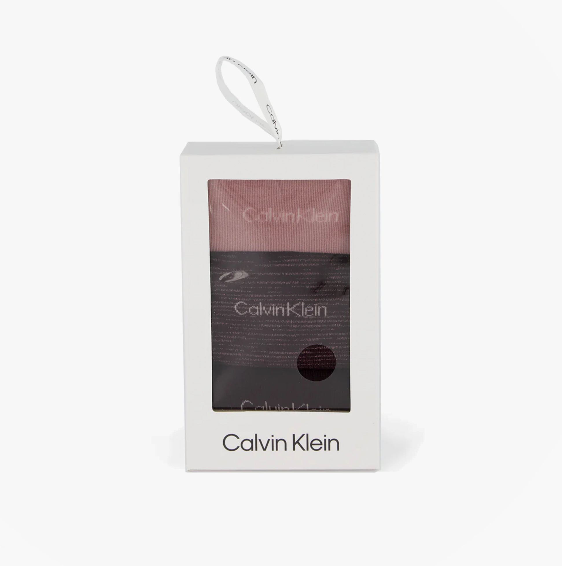 Calvin Klein 3 Pack Giftboxed Womens Crew Socks Burgundy, front view of the gift box with socks visible.