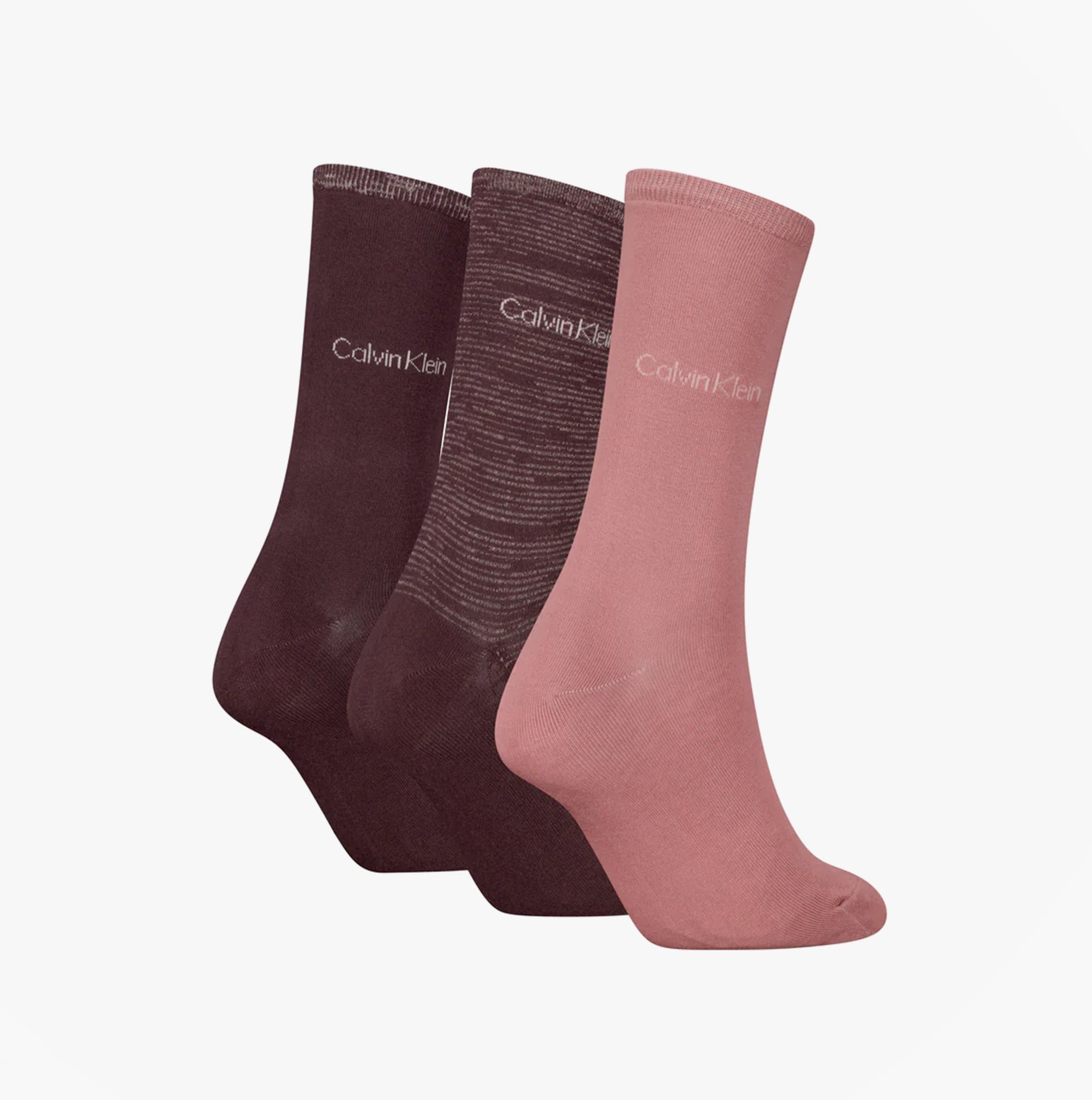 Calvin Klein 3 Pack Giftboxed Womens Crew Socks Burgundy, showing three pairs in side view with brand logo, burgundy and pink colors.