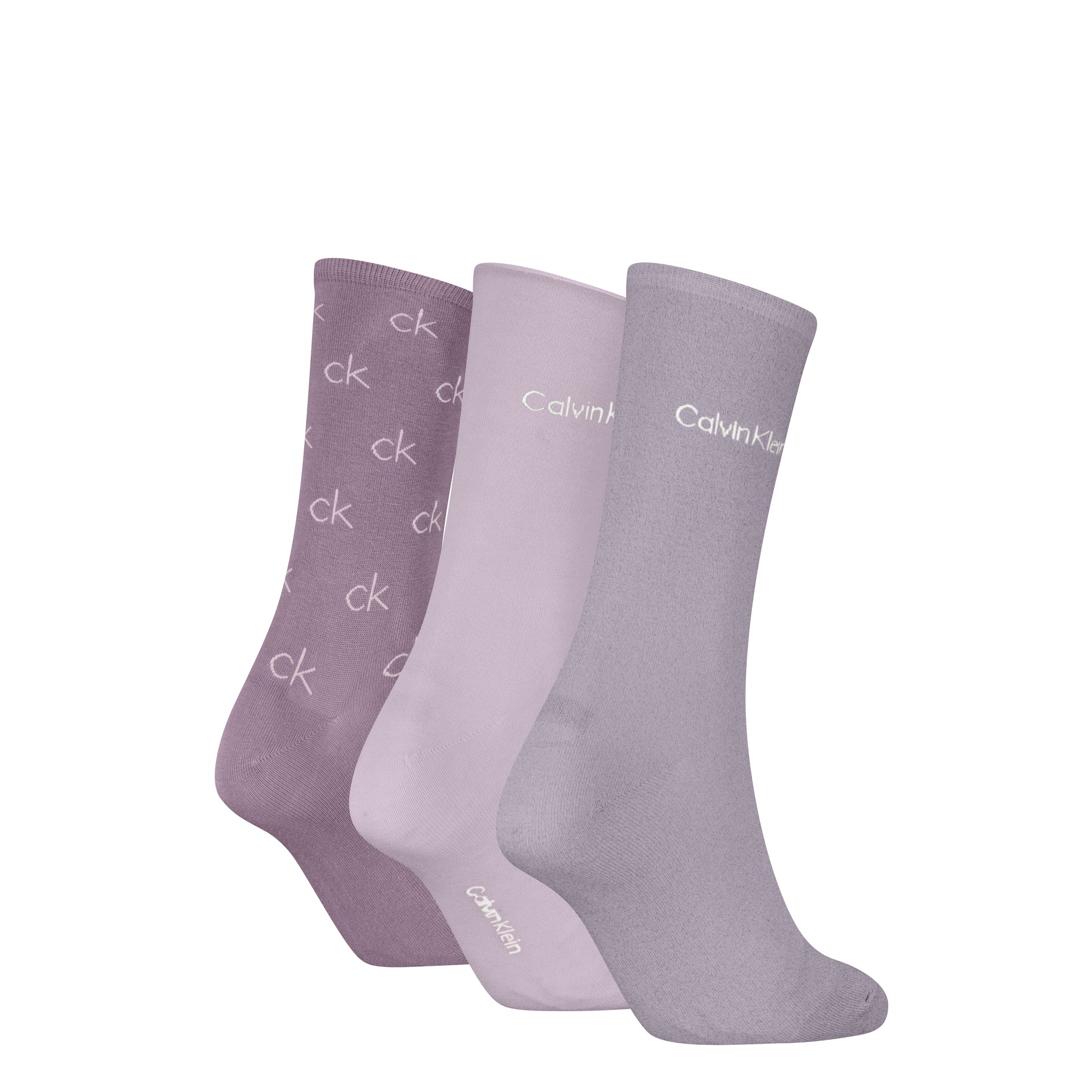 Calvin Klein 3 Pack Giftboxed Logo Womens Crew Socks Lilac Combo front view showing three lilac socks.