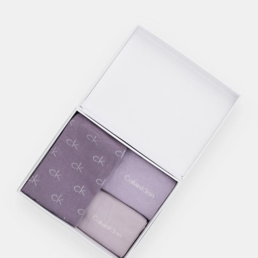 Calvin Klein 3 Pack Giftboxed Logo Womens Crew Socks Lilac Combo in opened gift box, displaying all three lilac socks.