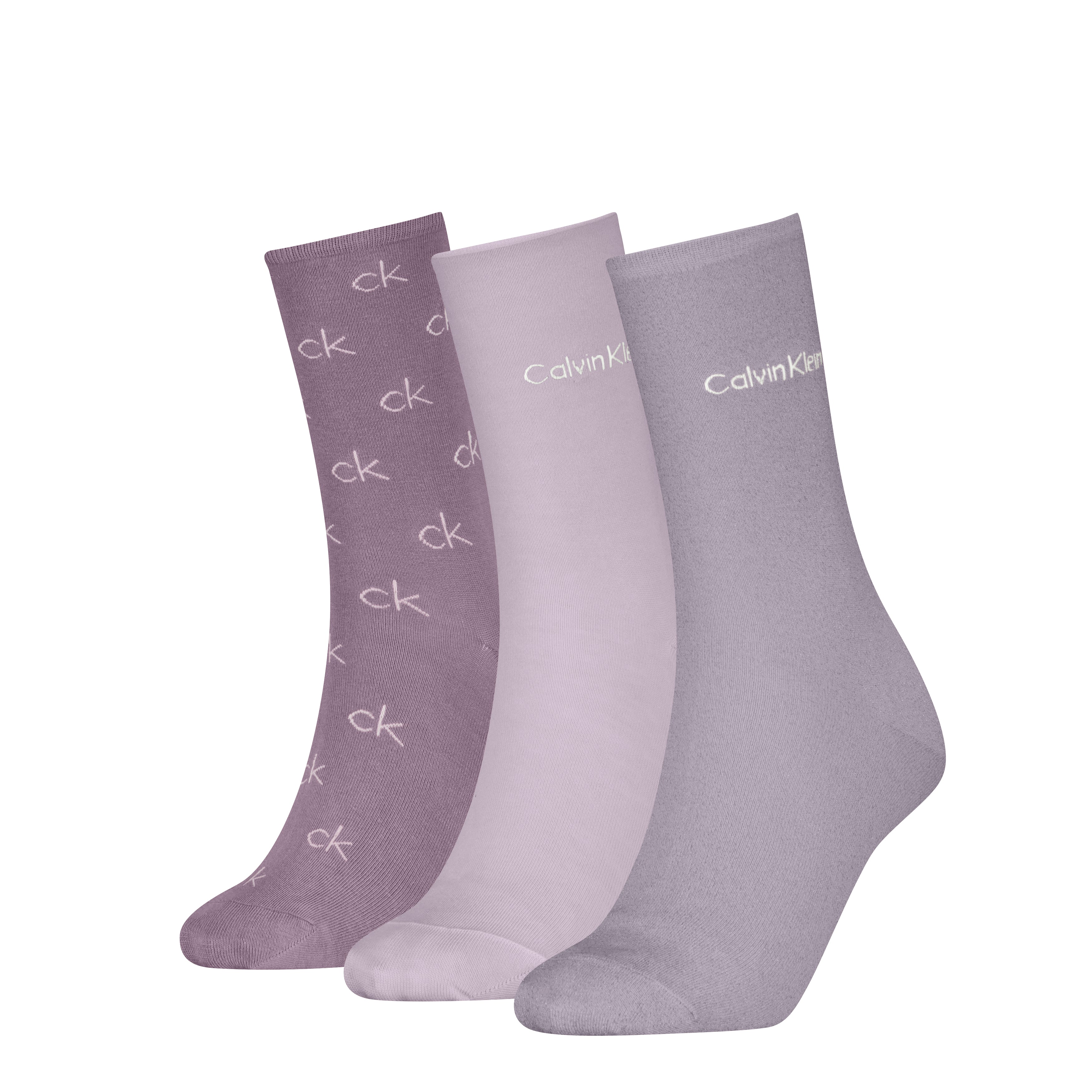 Calvin Klein 3 Pack Giftboxed Logo Womens Crew Socks Lilac Combo in detail view showing three lilac socks.