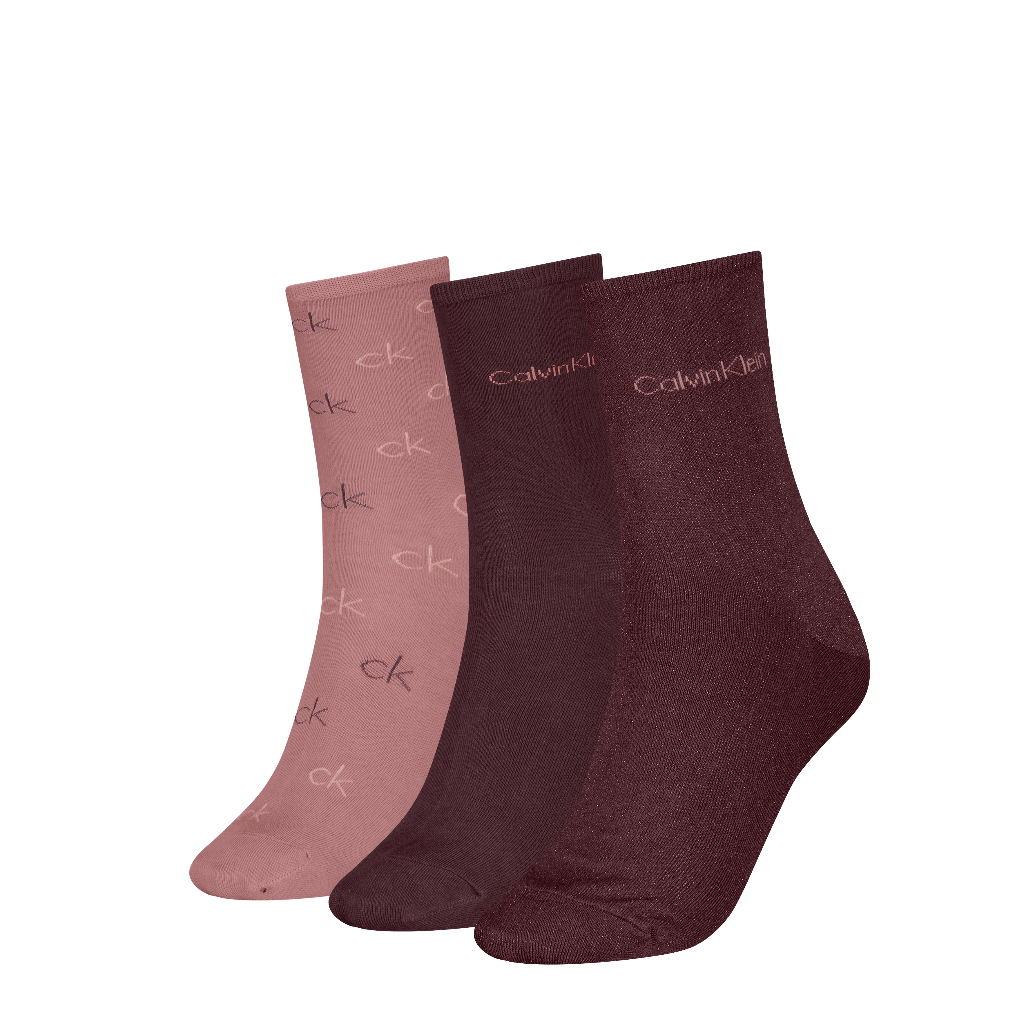 Calvin Klein 3 Pack Giftboxed Logo Womens Crew Socks Burgundy Combo side view with logos and colors displayed.