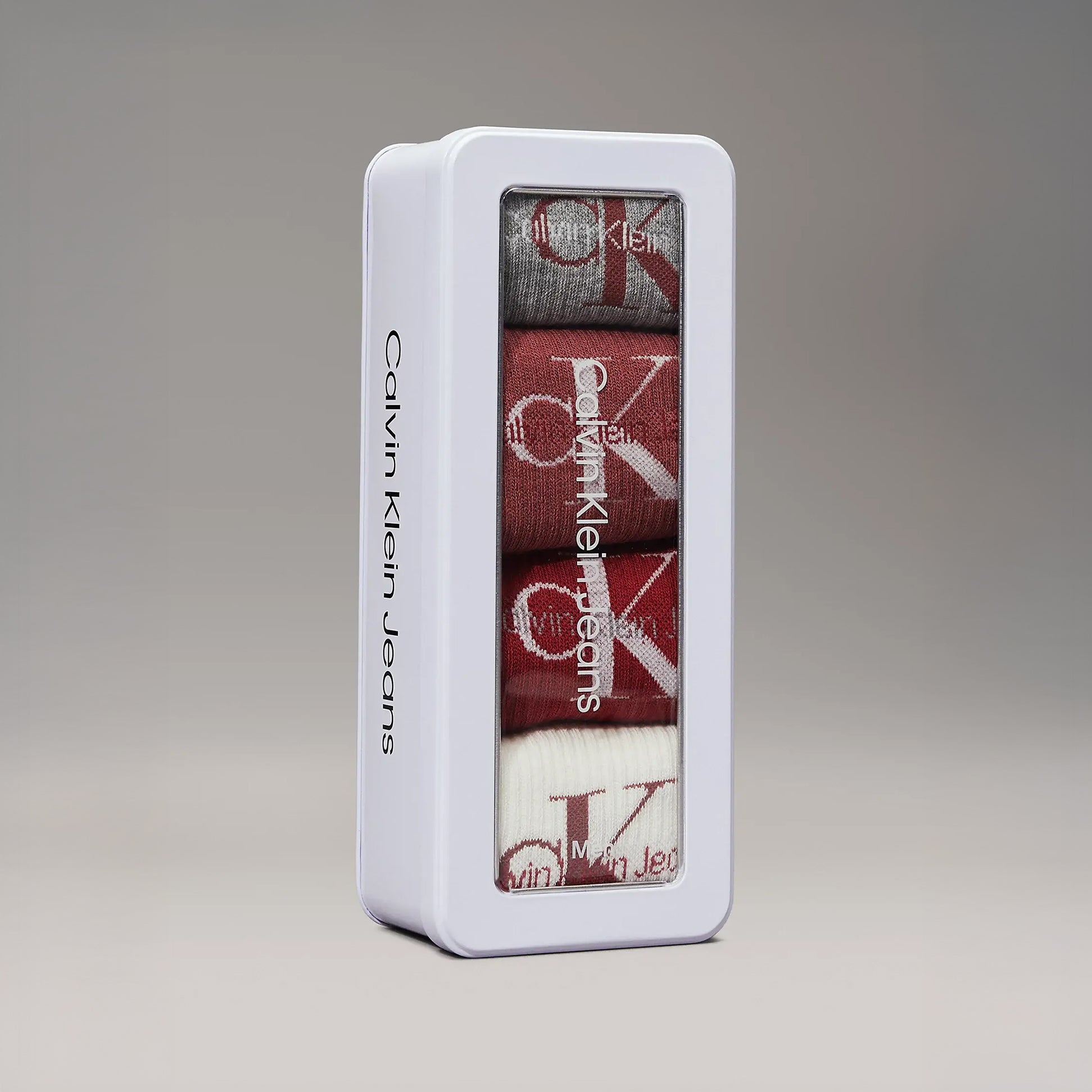 Calvin Klein 4 Pack Giftboxed Trainer Mens Crew Socks Red Combo in stylish gift box with transparent window