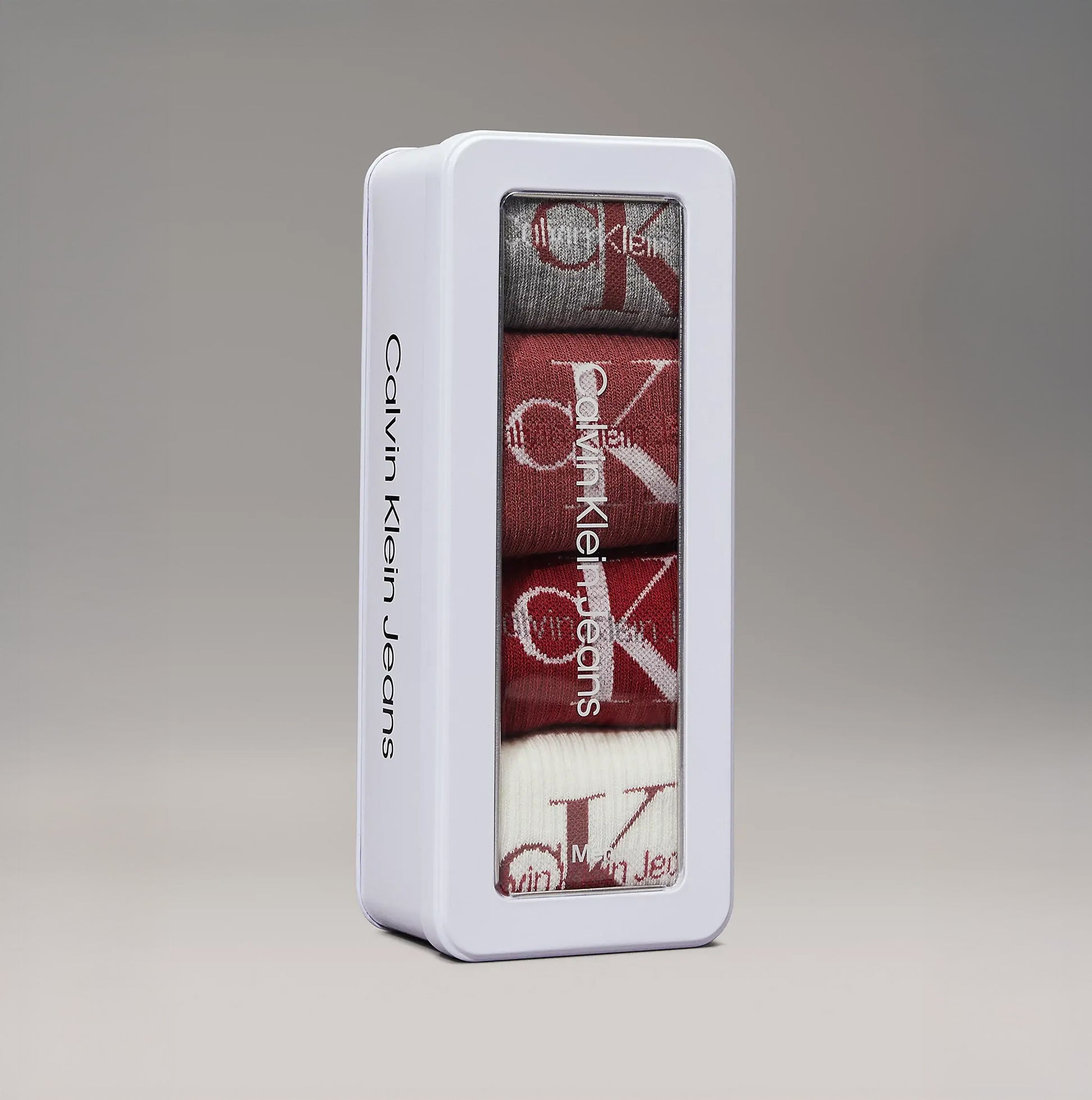 Calvin Klein 4 Pack Giftboxed Trainer Mens Crew Socks Red Combo in stylish gift box with transparent window