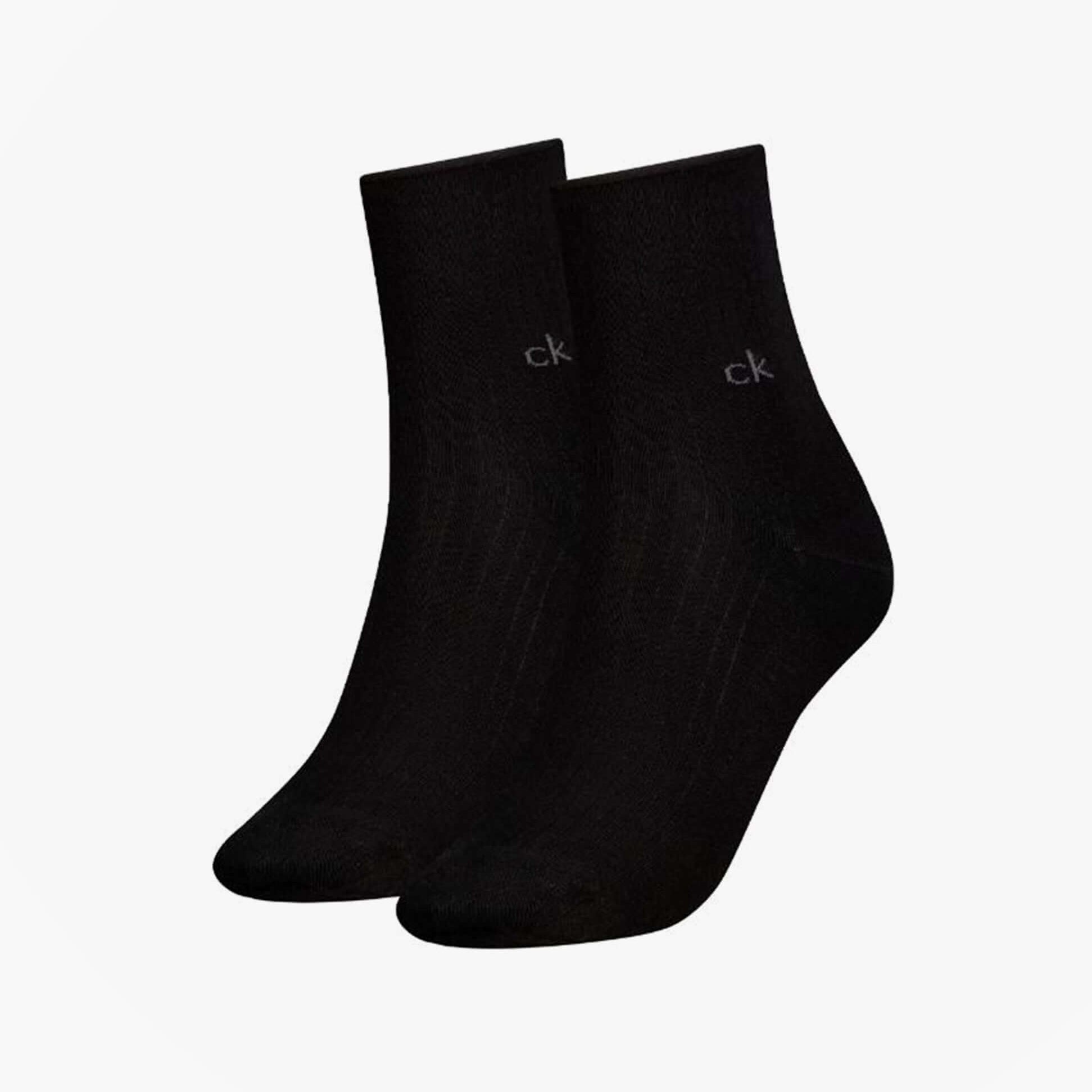 Calvin Klein 2 Pack Shorty Roll Top Womens Socks Black, front view displaying black crew socks with ck logo.