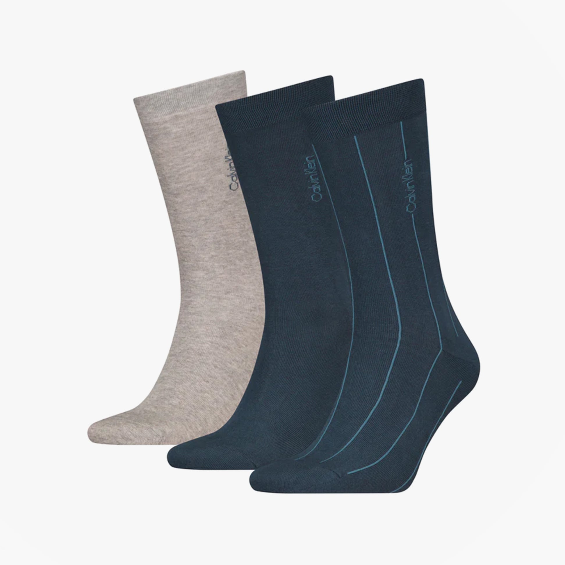 Calvin Klein 3 Pack Giftboxed Classic Mens Crew Socks Navy/Grey showcasing side view of three socks in navy, grey, and light grey.