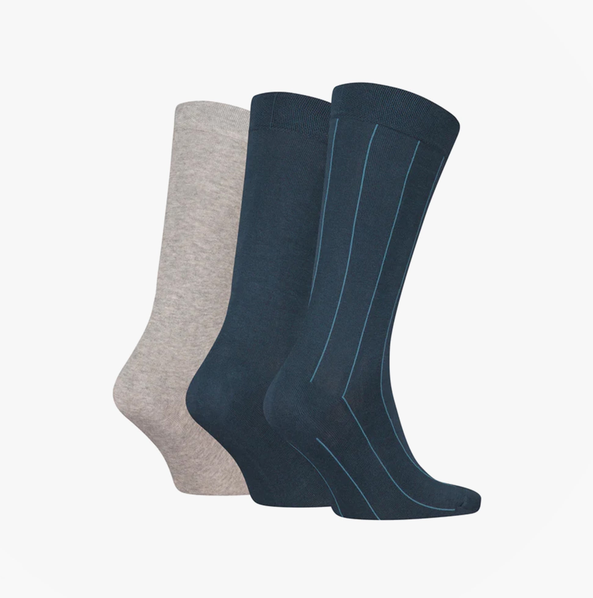 Calvin Klein 3 Pack Giftboxed Classic Mens Crew Socks Navy/Grey side view showcasing varied colors and designs of socks.