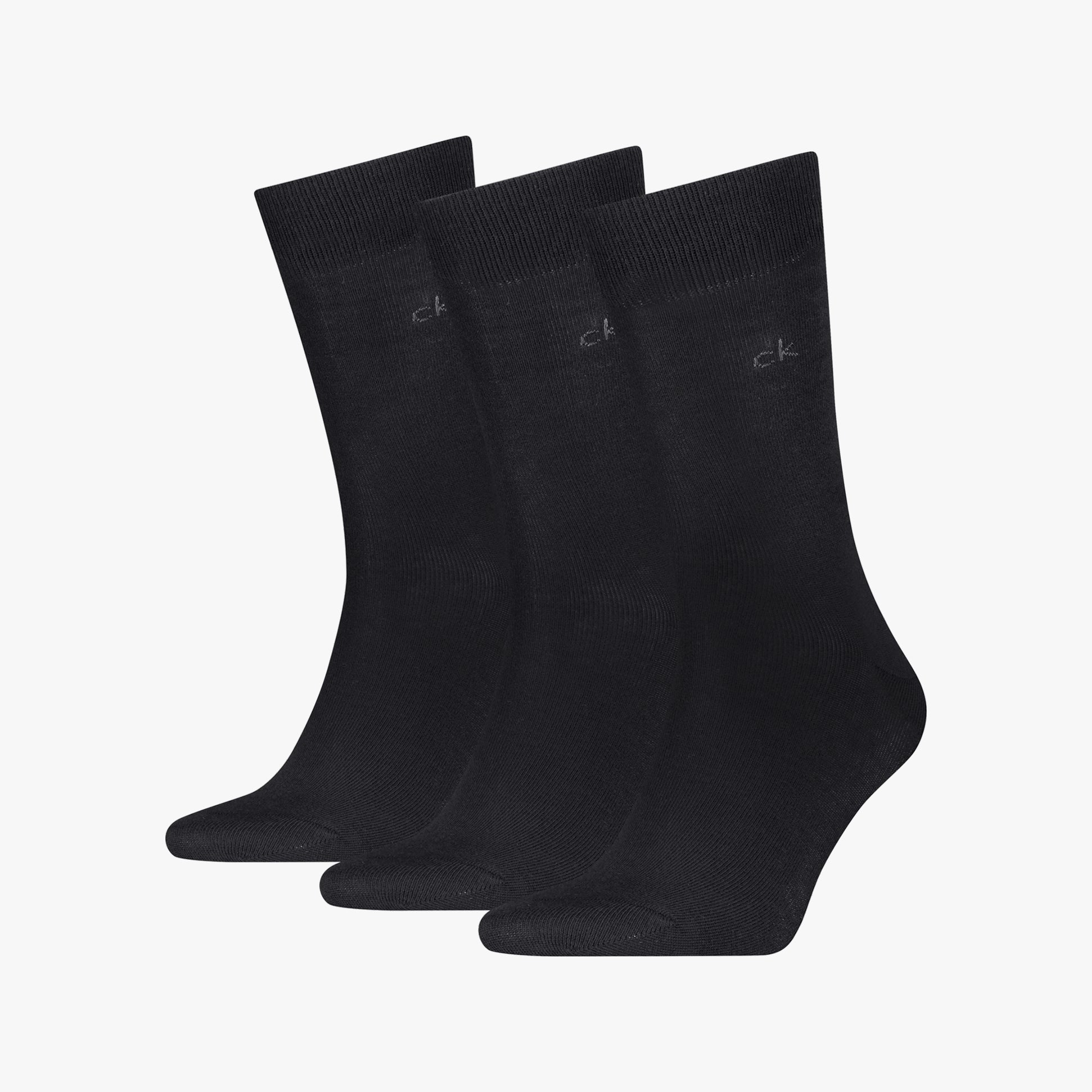 Calvin Klein 3 Pack Mens Crew Socks Black front view showing all three pairs with logo detail.