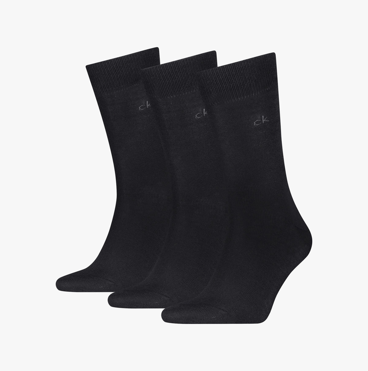 Calvin Klein 3 Pack Mens Crew Socks Black front view showing all three pairs with logo detail.