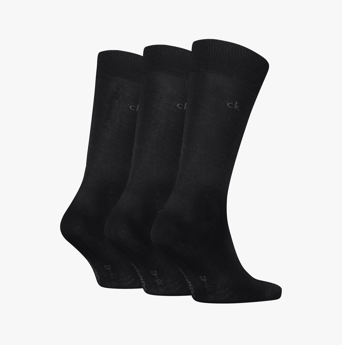 Calvin Klein 3 Pack Mens Crew Socks Black in a side view showing three pairs of black crew socks with reinforced heel and toe.