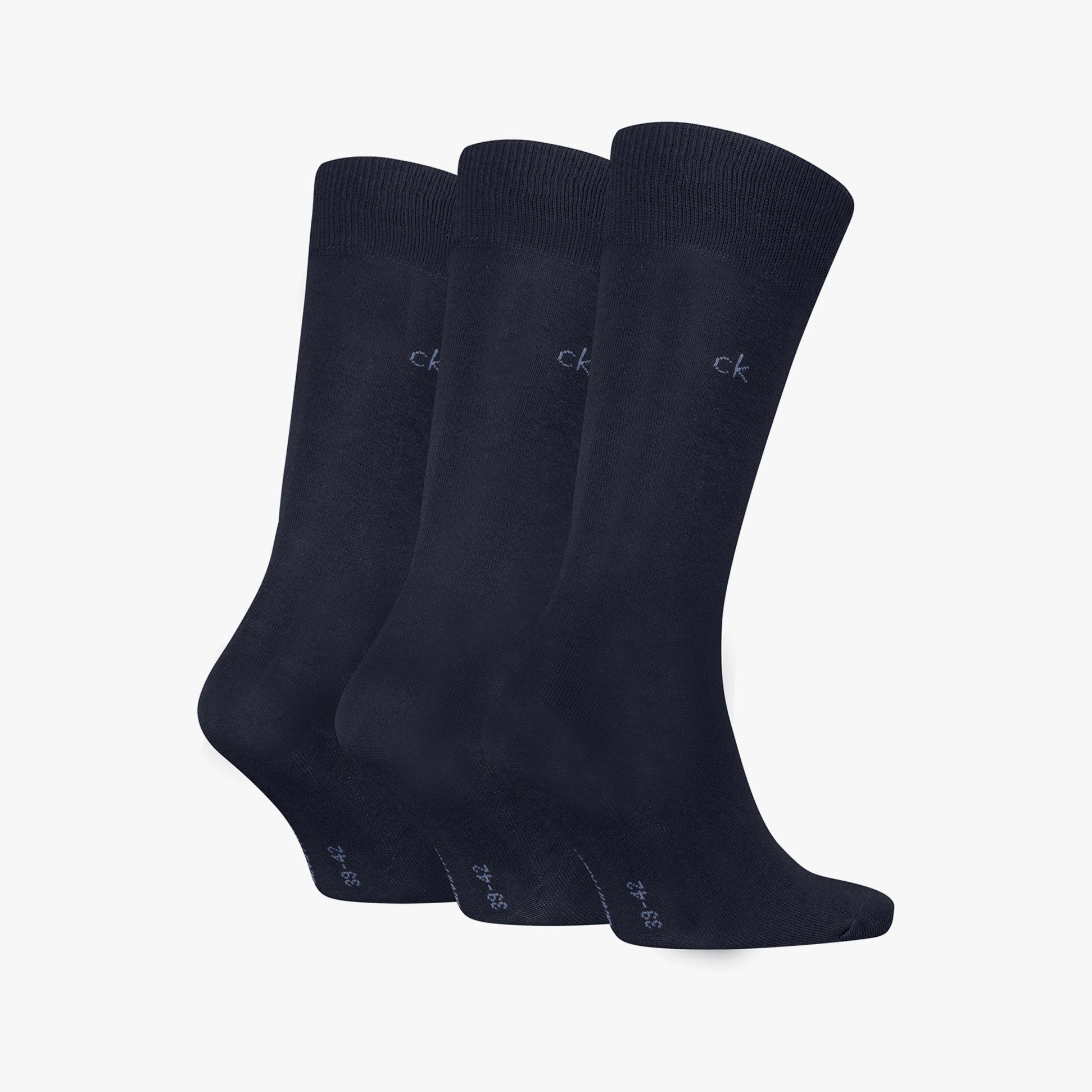 Calvin Klein 3 Pack Mens Crew Socks Navy side view displaying three pairs with logo.