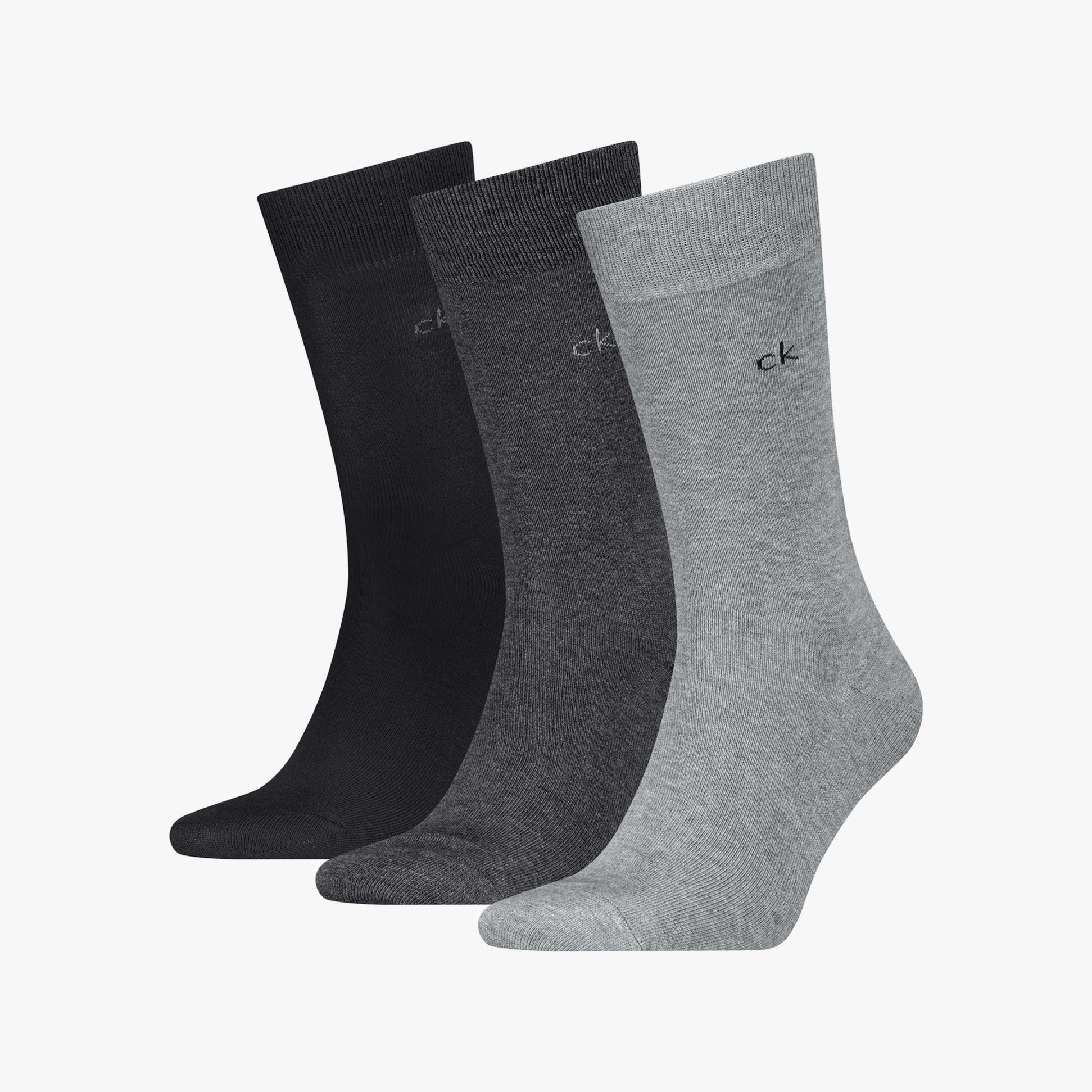 Calvin Klein 3 Pack Mens Crew Socks Grey Melange side view showing black, grey, and dark grey socks with logo