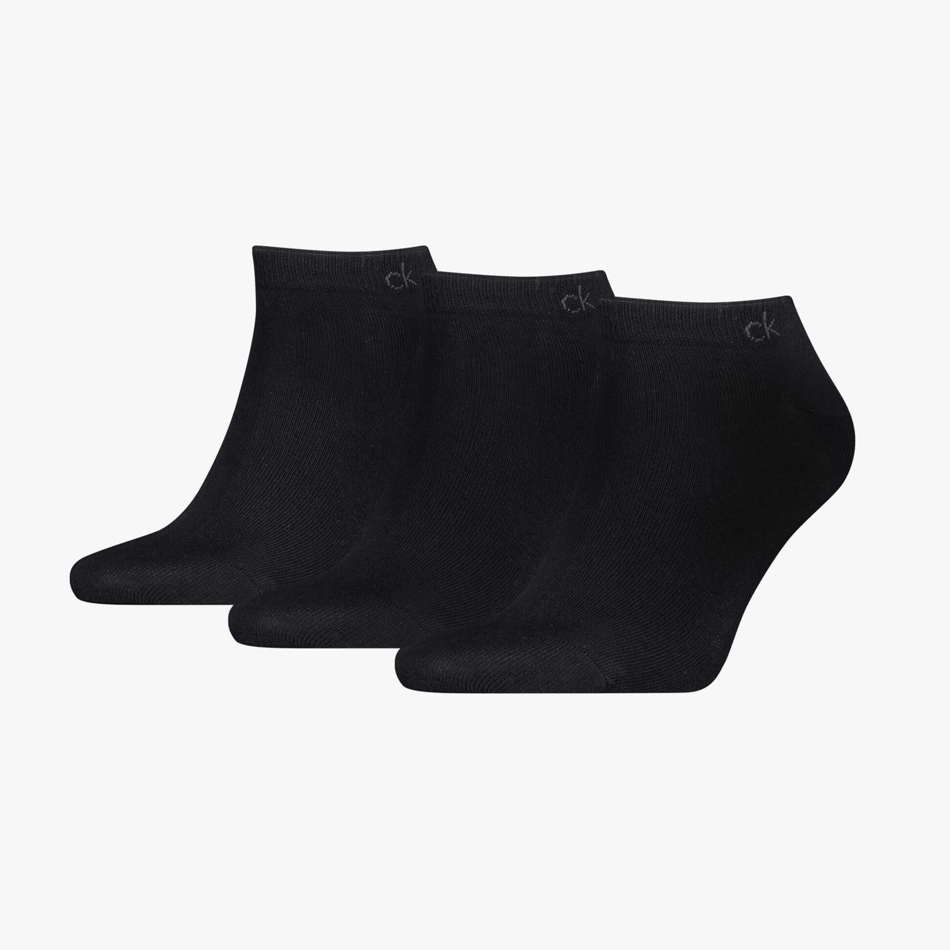 Calvin Klein 3 Pack Sneaker Mens Socks Black front view showing three pairs of ankle socks in black.