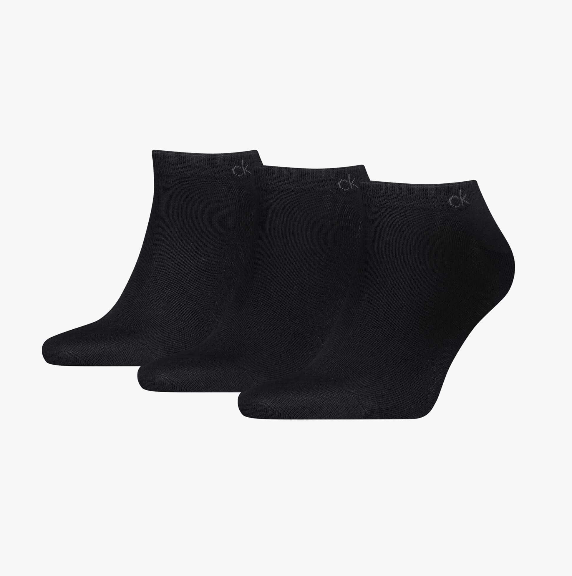 Calvin Klein 3 Pack Sneaker Mens Socks Black front view showing three pairs of ankle socks in black.