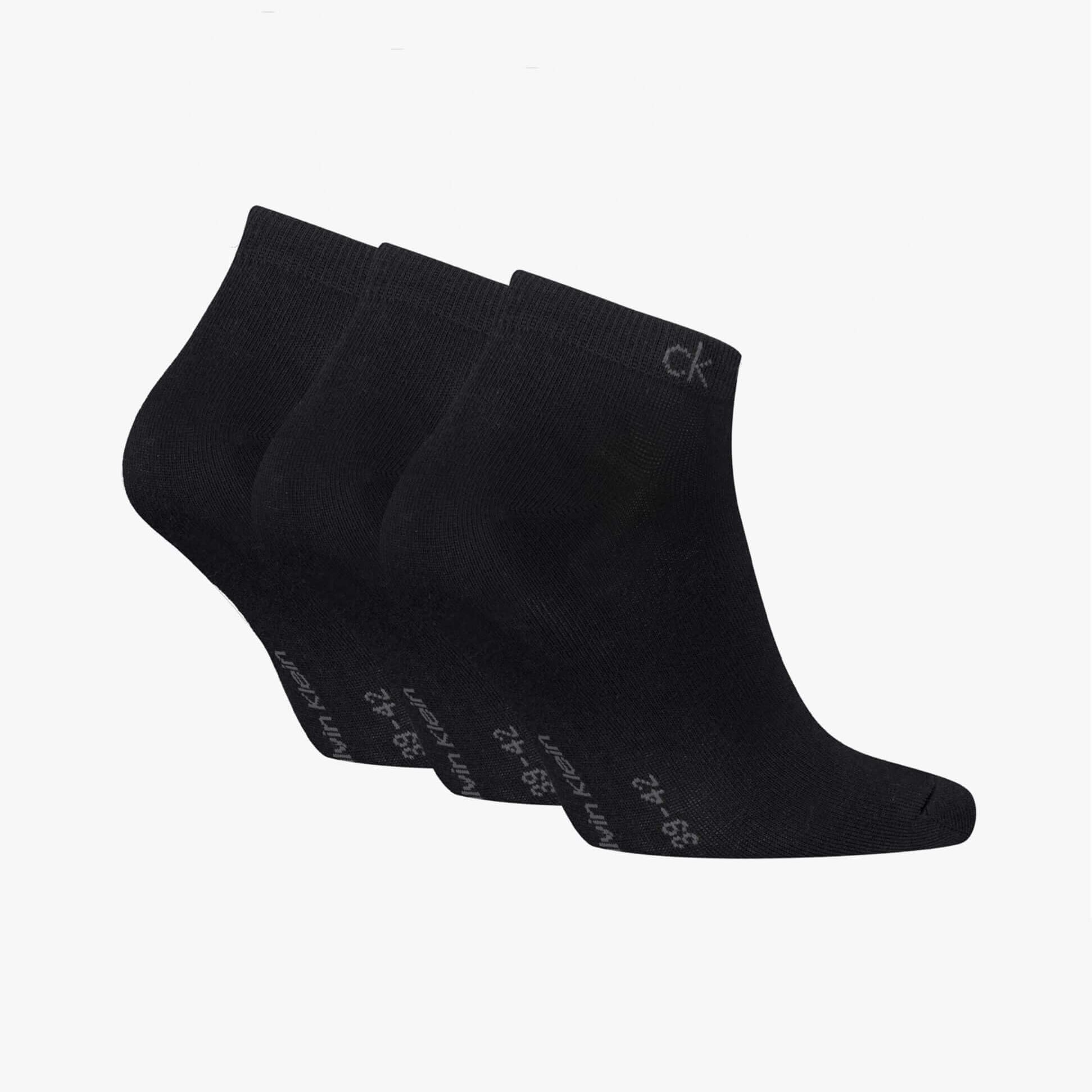 Calvin Klein 3 Pack Sneaker Mens Socks Black side view showcasing three pairs of black ankle socks.