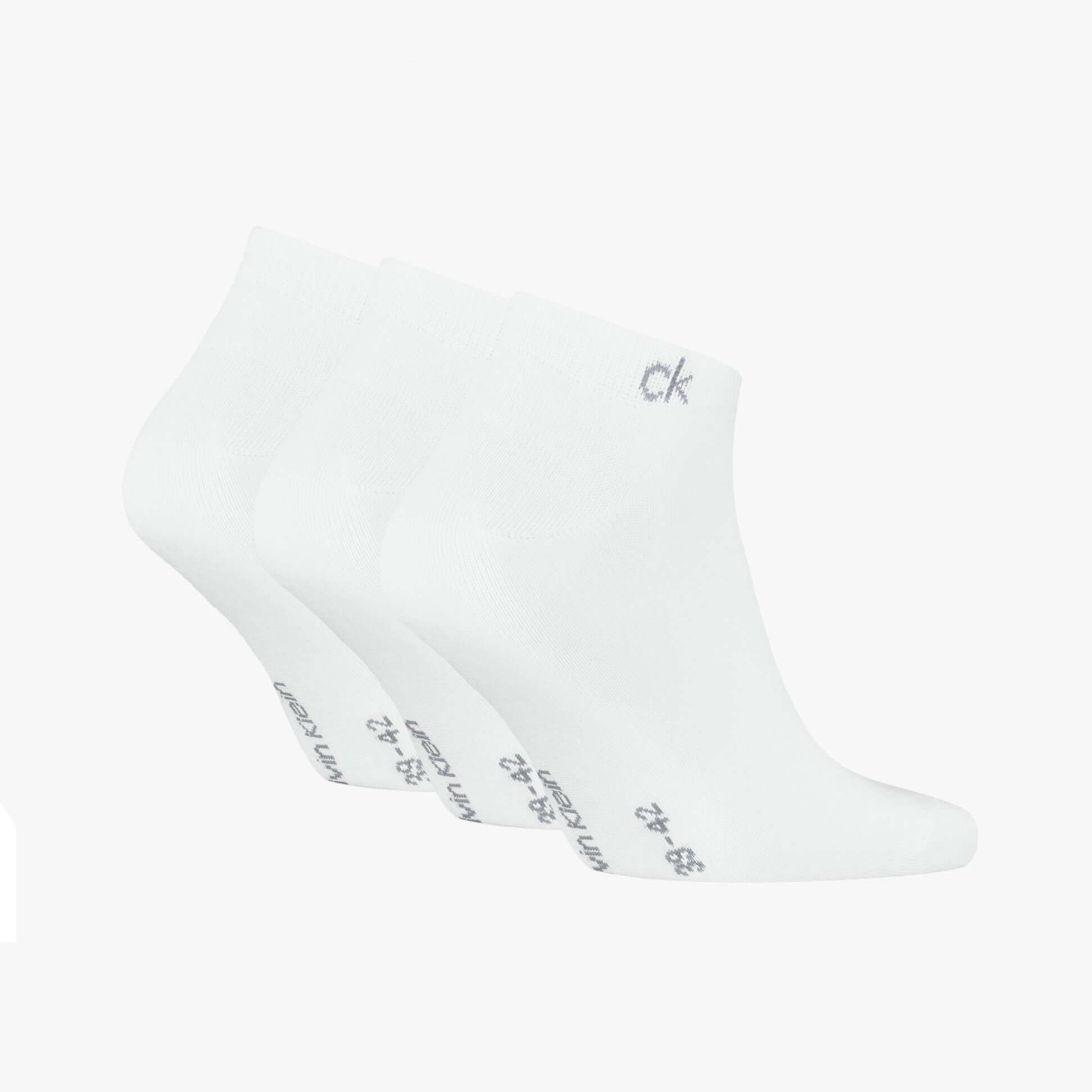 Calvin Klein 3 Pack Sneaker Mens Socks White, side view, showcasing three pairs of ankle socks in white with logo.