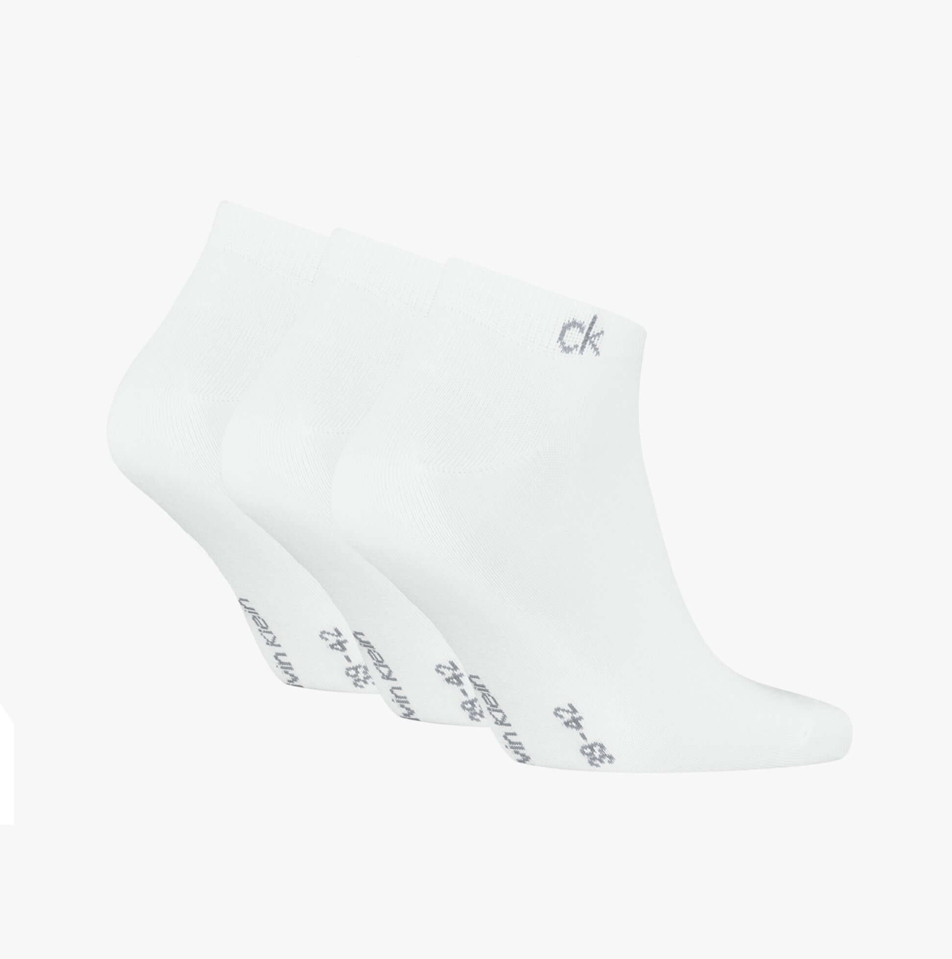 Calvin Klein 3 Pack Sneaker Mens Socks White, side view, showcasing three pairs of ankle socks in white with logo.