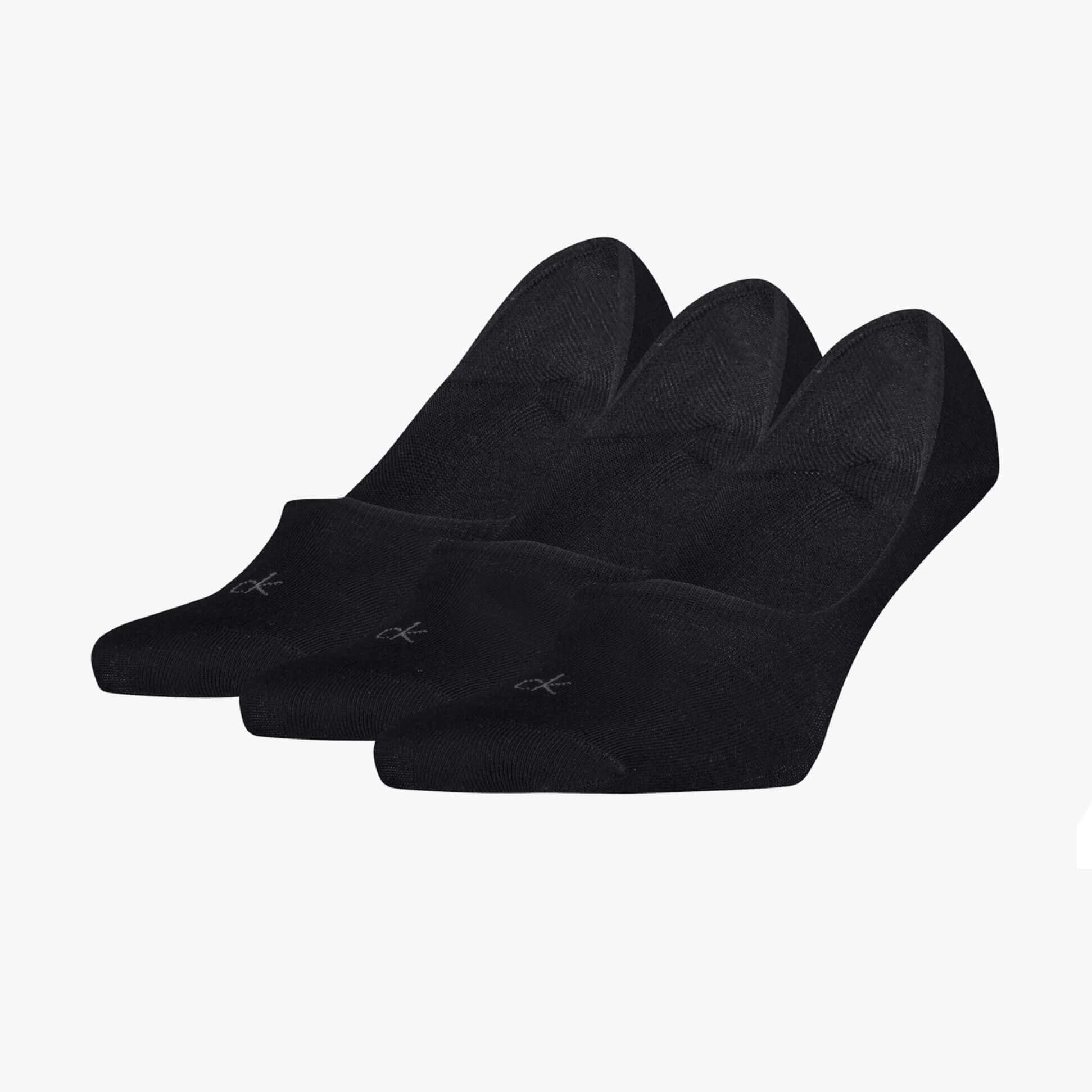 Calvin Klein 3 Pack Footie Mens Socks Black front view showcasing three pairs of black footie socks.