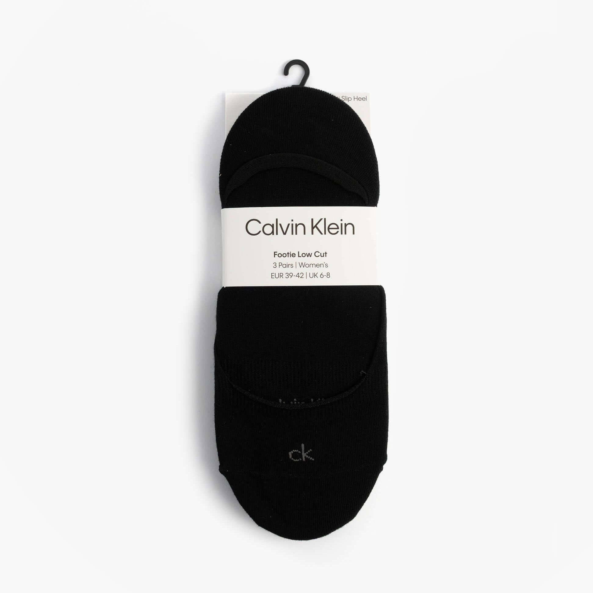 Calvin Klein 3 Pack Footie Womens Socks Black front view showing three pairs of low cut footie socks in black.