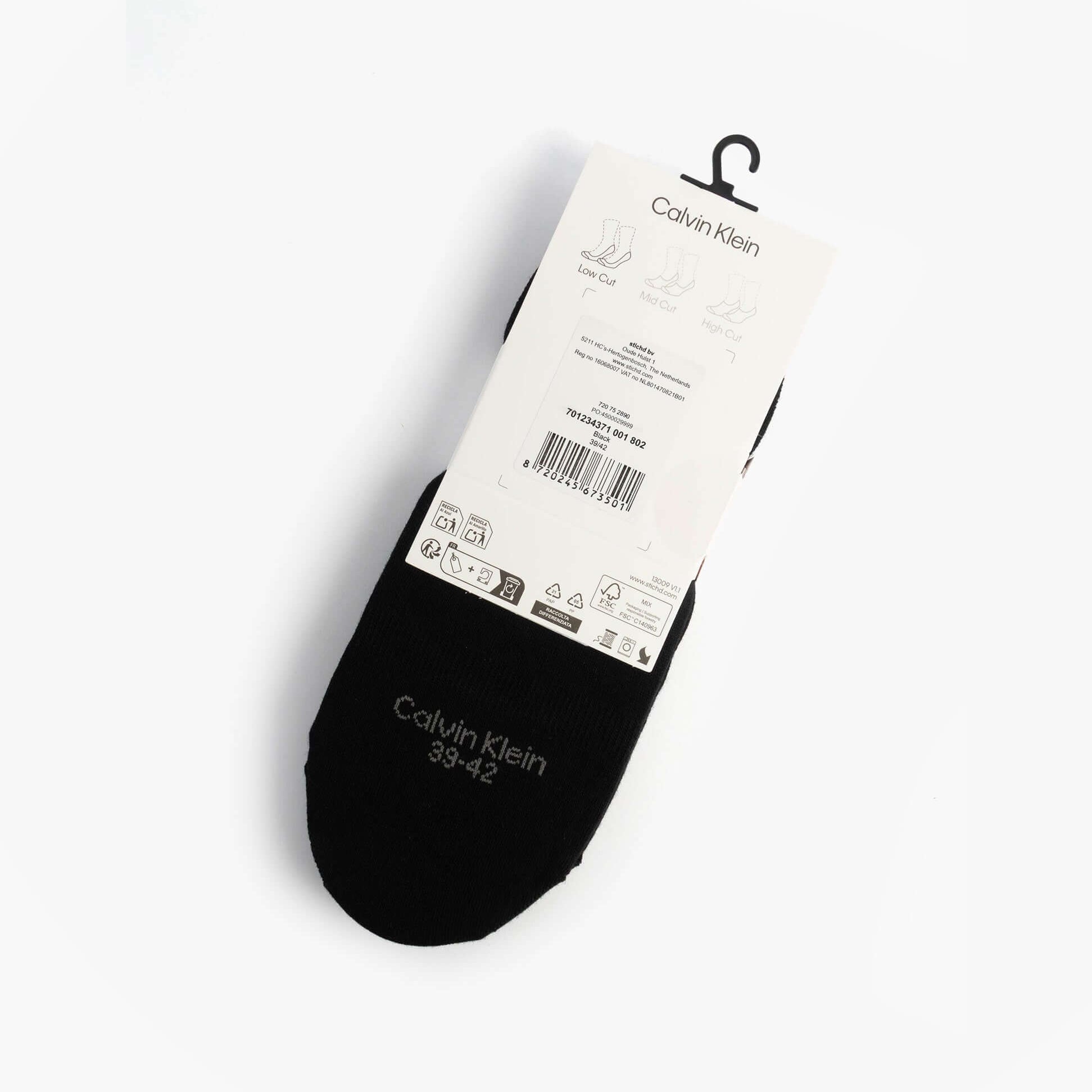 Calvin Klein 3 Pack Footie Womens Socks Black back view with label, showing composition and sizing details.