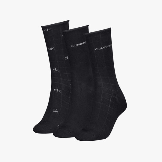 Calvin Klein 3 Pack Giftbox Grid Womens Socks Black displayed from the front view, showcasing three stylish pairs with grid patterns.