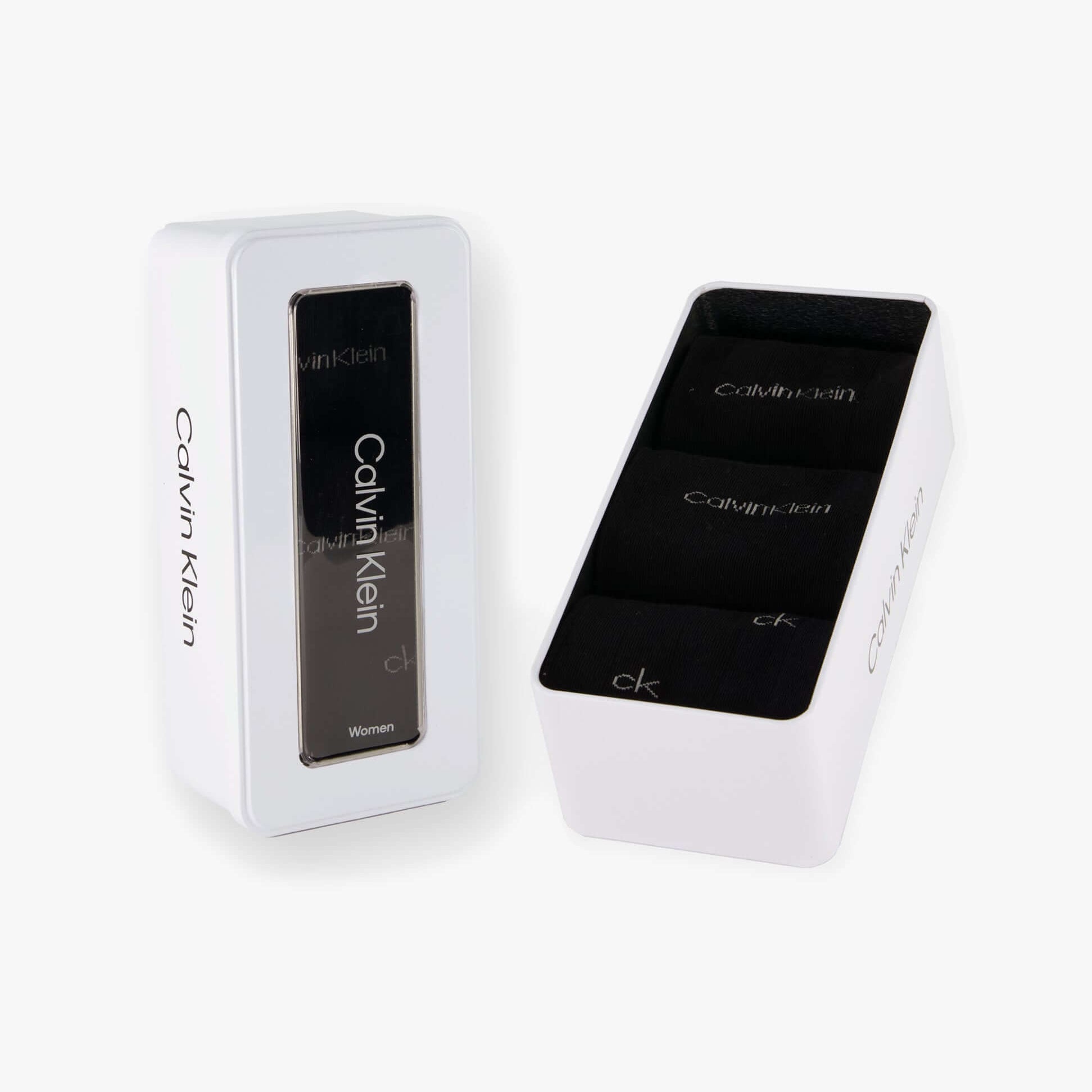 Calvin Klein 3 Pack Giftbox Grid Womens Socks Black in gift box, featuring a side view displaying the socks inside.