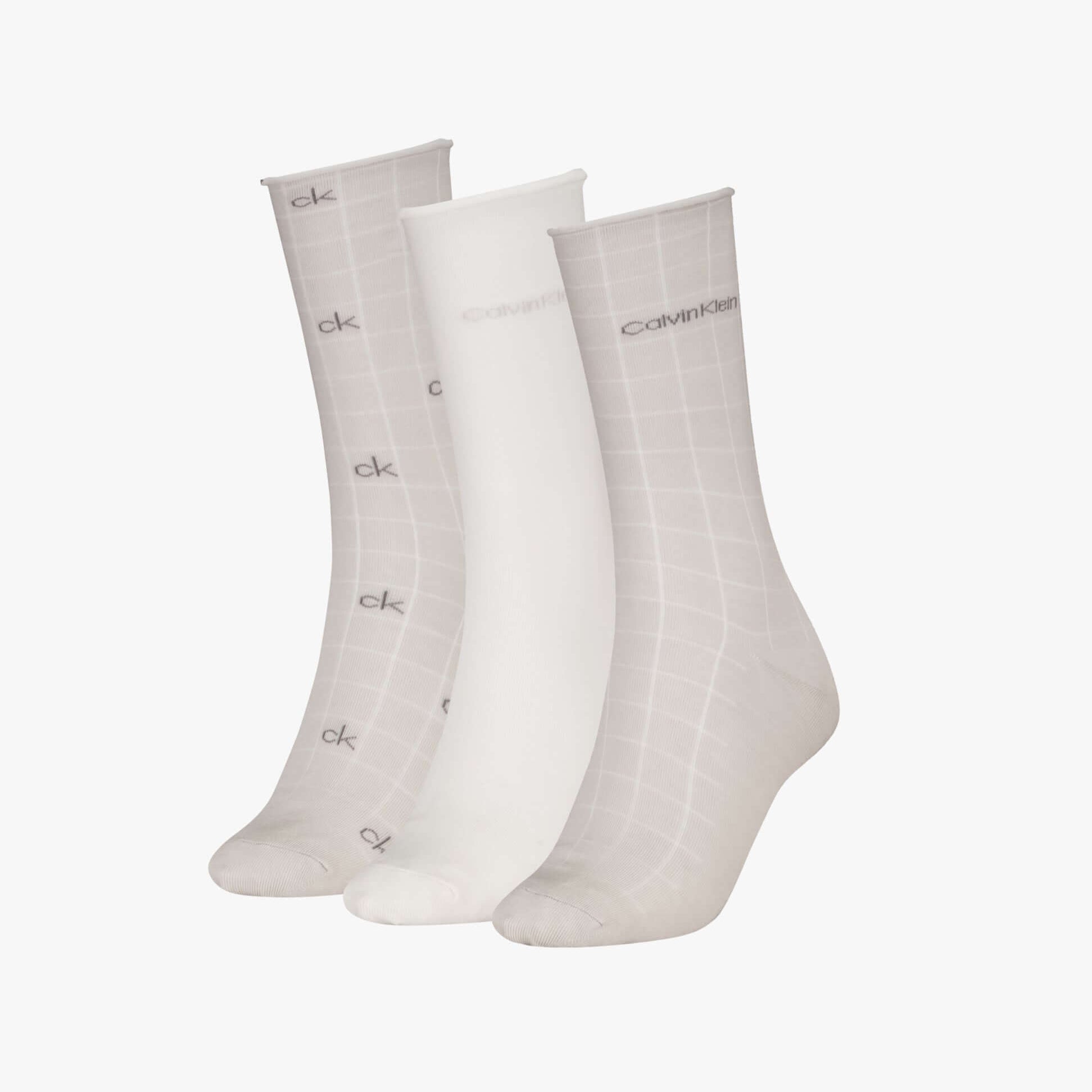 Calvin Klein 3 Pack Giftbox Grid Womens Socks Light Grey, front view showing all three pairs of socks in a giftbox.