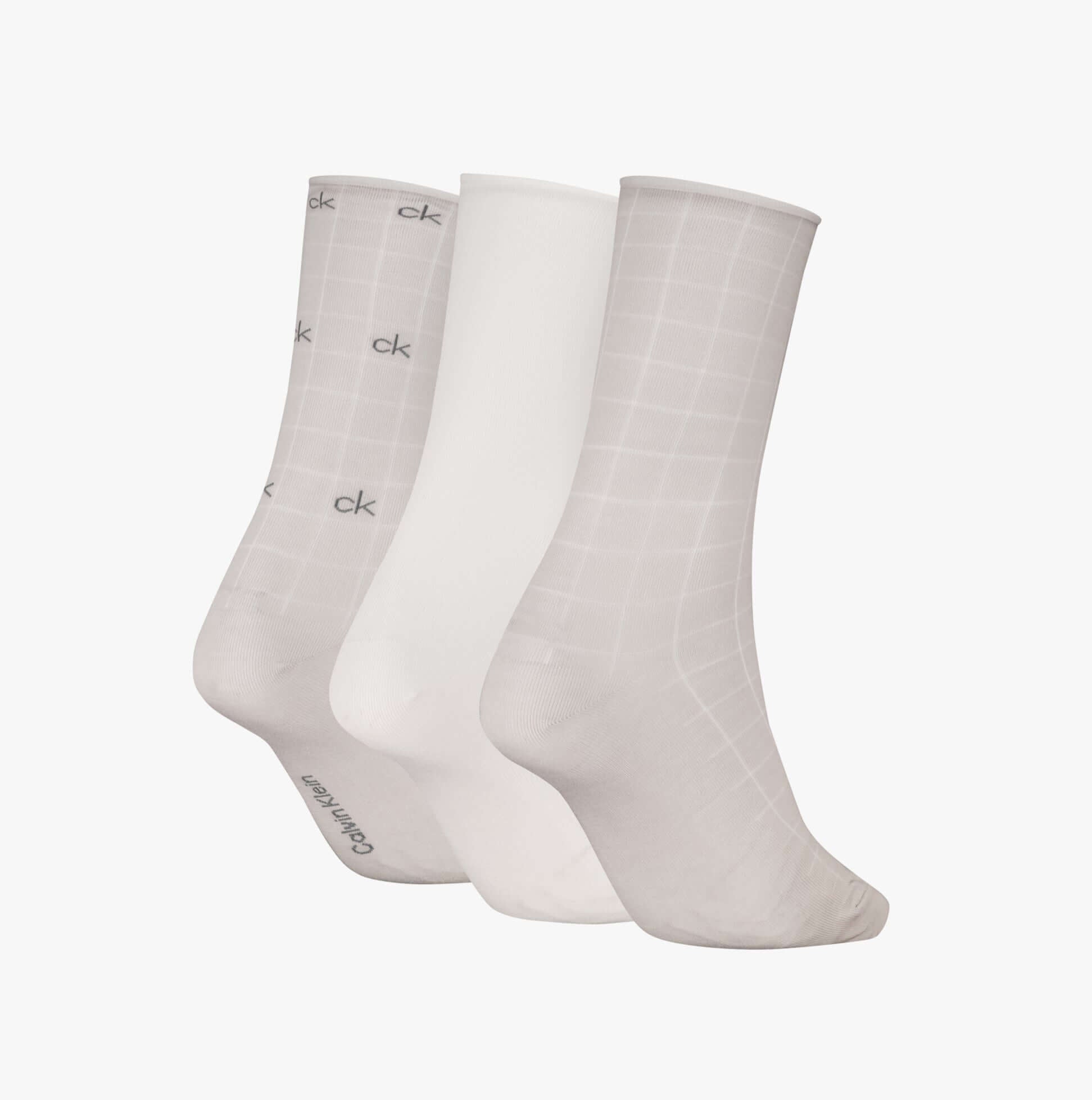 Calvin Klein 3 Pack Giftbox Grid Womens Socks Light Grey side view showing three different designs in a gift box.