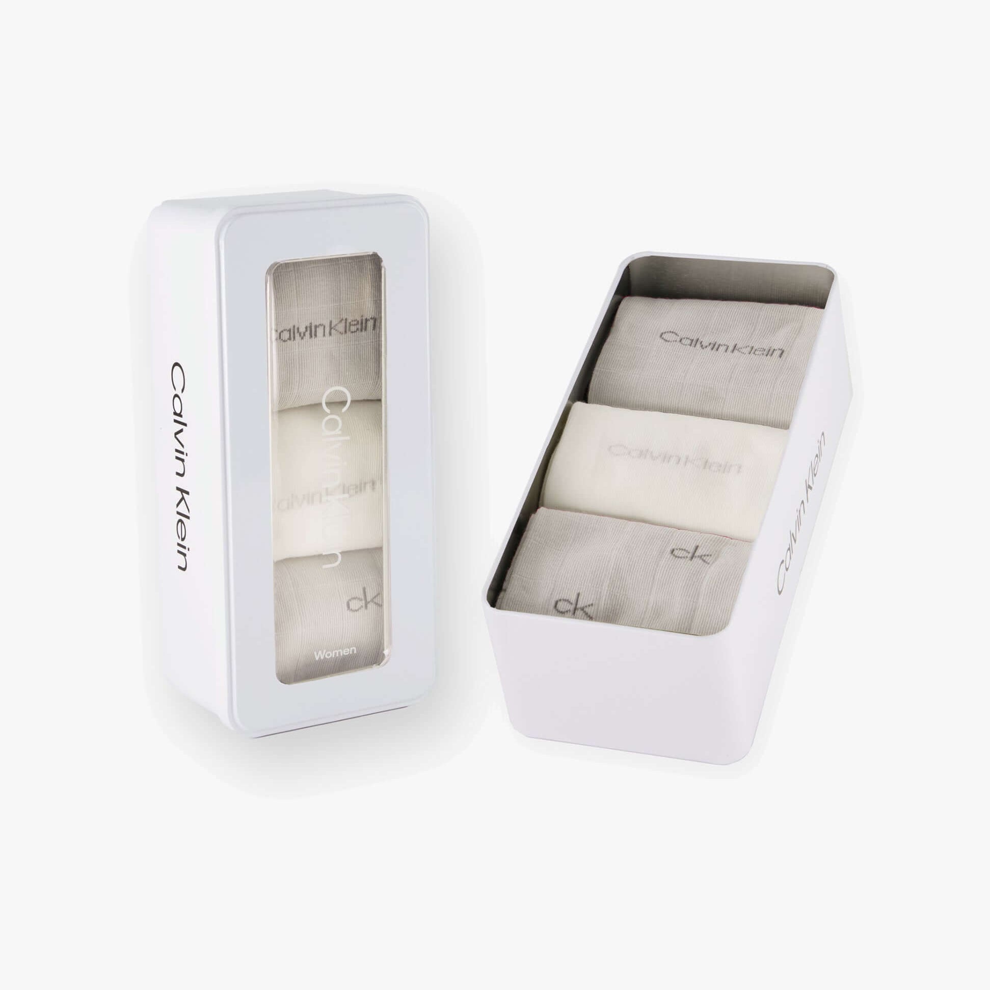 Calvin Klein 3 Pack Giftbox Grid Womens Socks Light Grey in a gift box display with transparent window, showcasing three pairs.