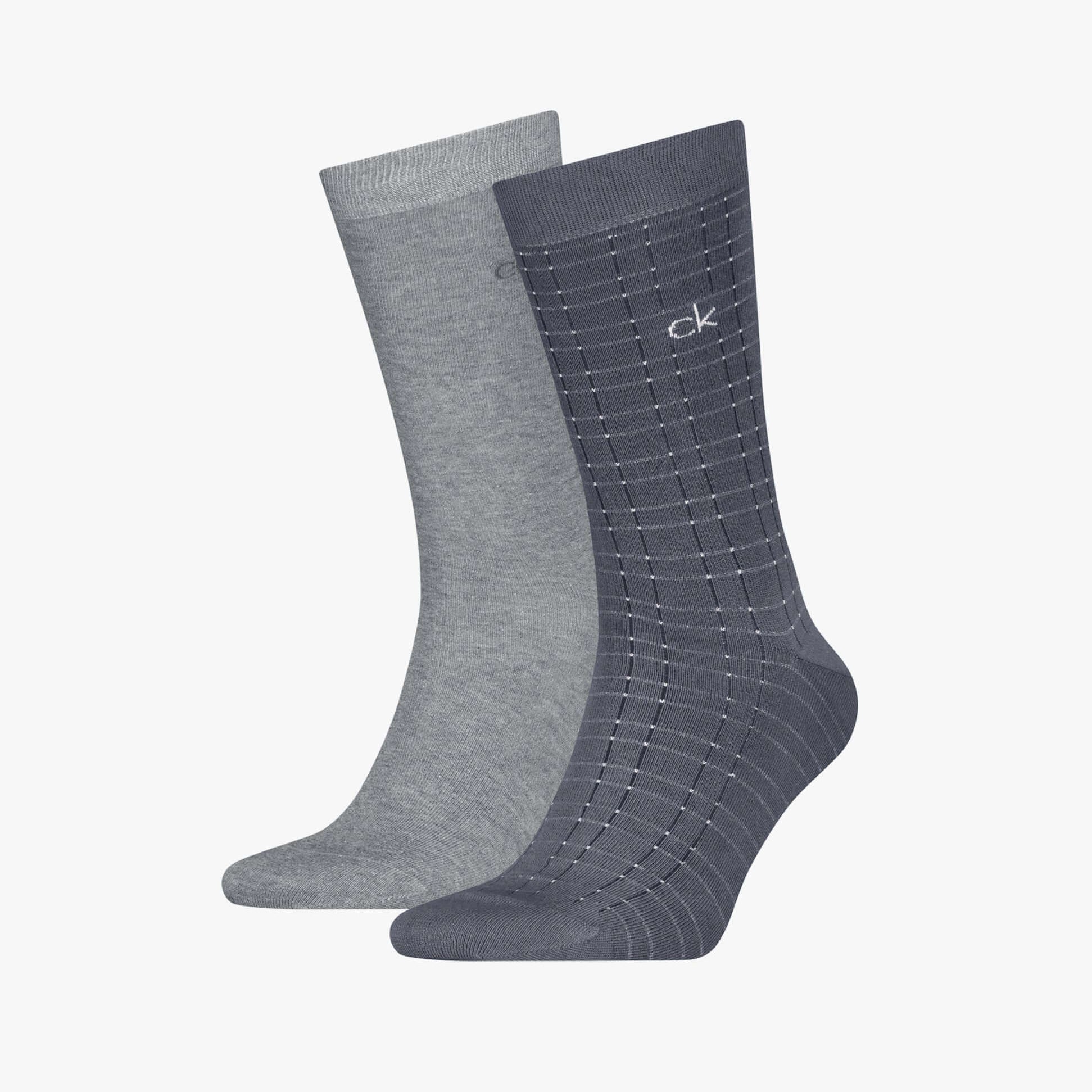 Calvin Klein 2 Pack Grid Mens Socks Dark Grey side view featuring one grey sock and one dark grey grid sock.