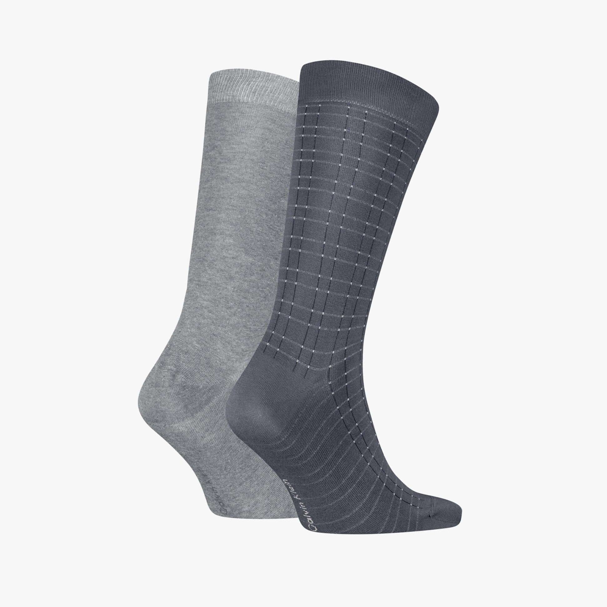 Calvin Klein 2 Pack Grid Mens Socks Dark Grey side view of dark grey and light grey crew socks with grid pattern.