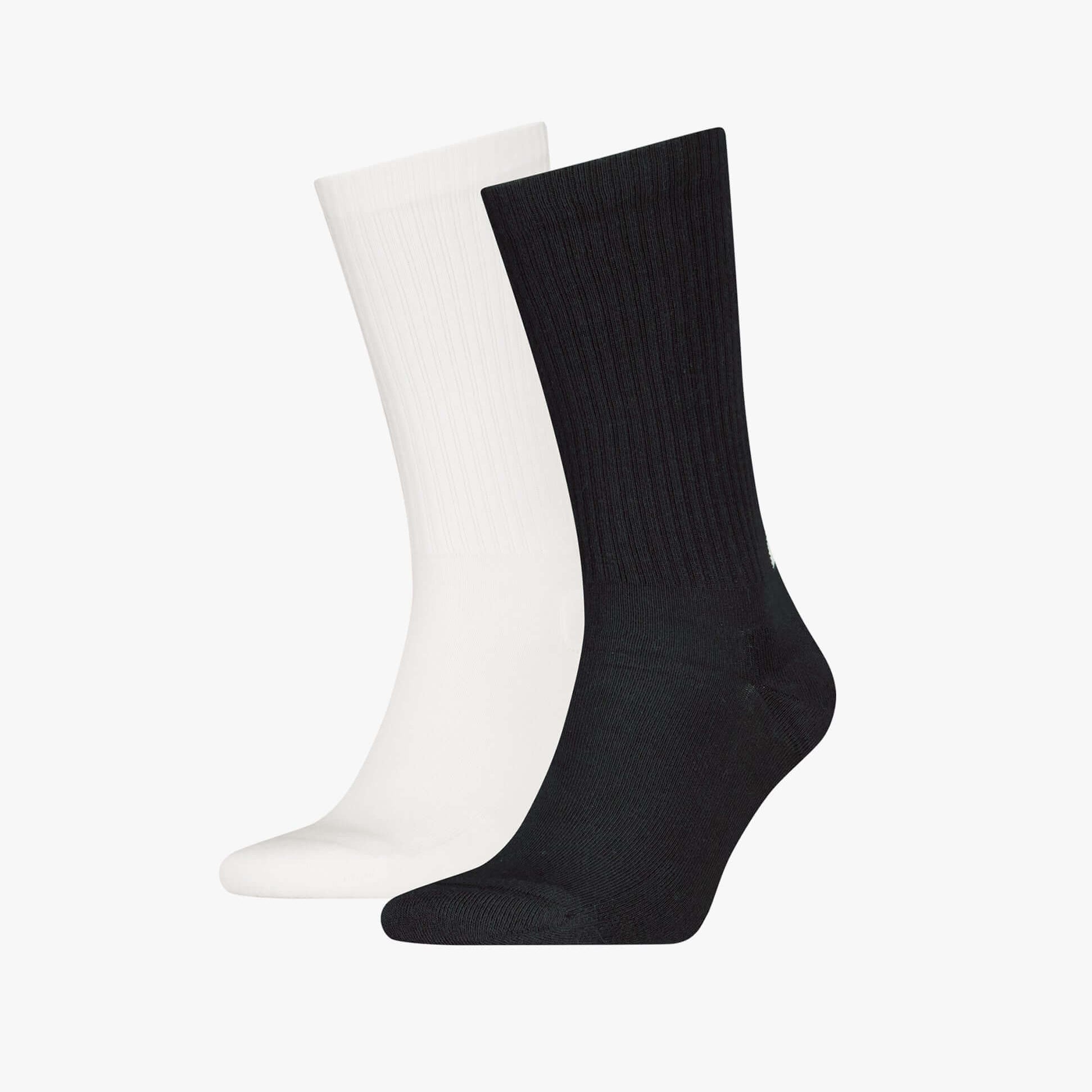 Calvin Klein 2 Pack Back Logo Mens Socks Black & White side view showing one black and one white sock with ribbed texture.