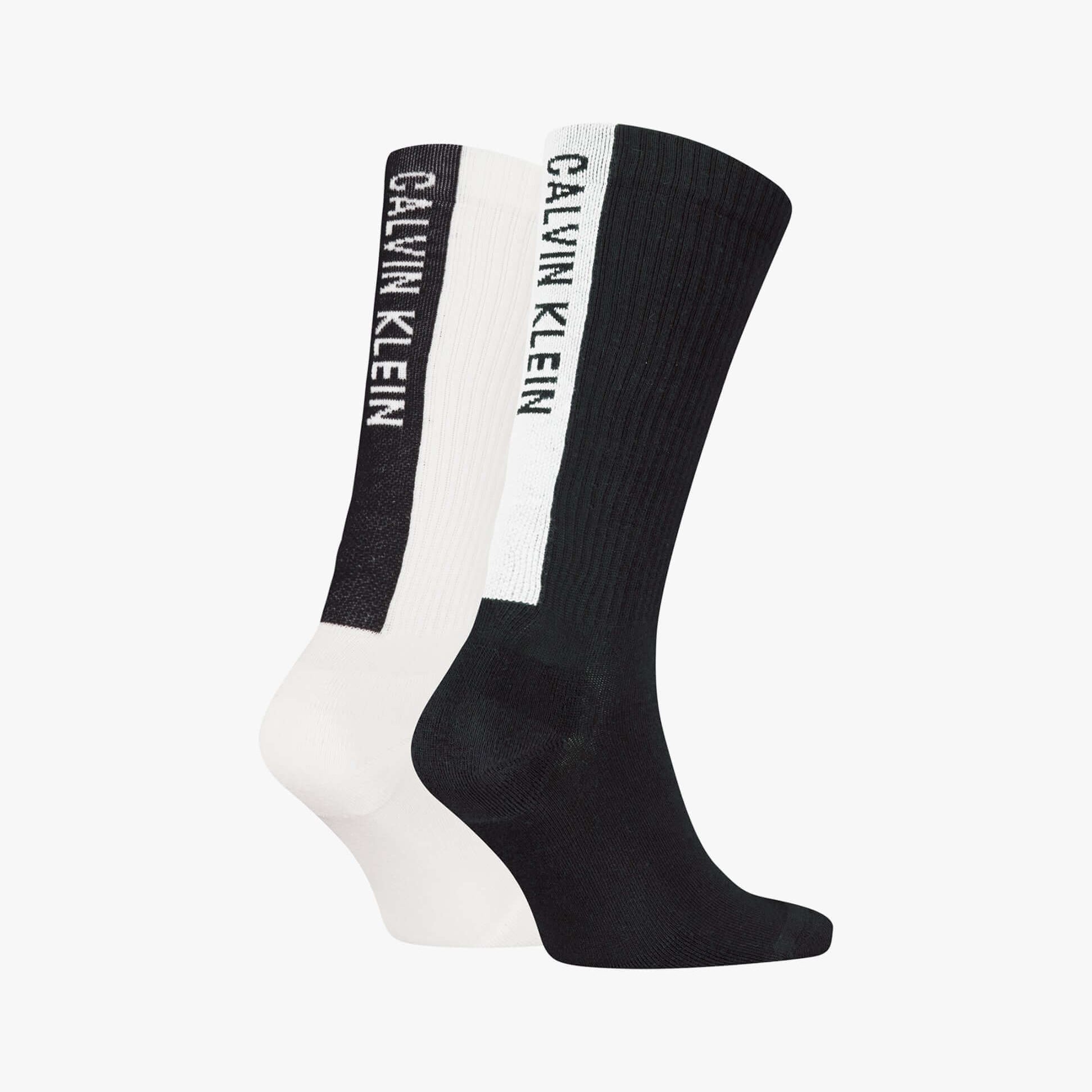 Calvin Klein 2 Pack Back Logo Mens Socks Black & White side view showcasing two pairs with logo details.